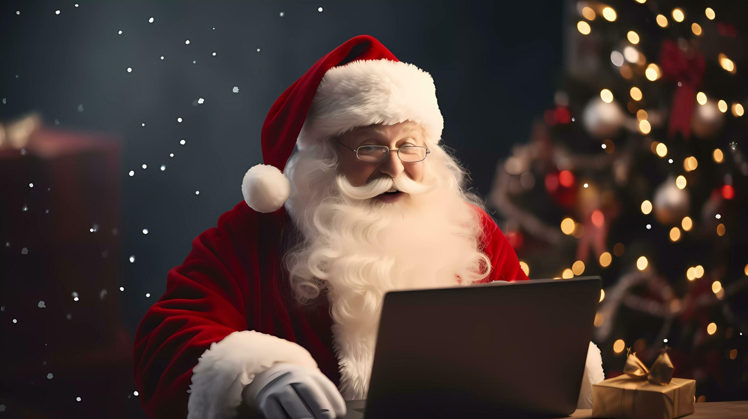 Photo of Santa Claus sit and using laptop to take order online. Holiday mood. Promotion for social media or online shop Free Photo