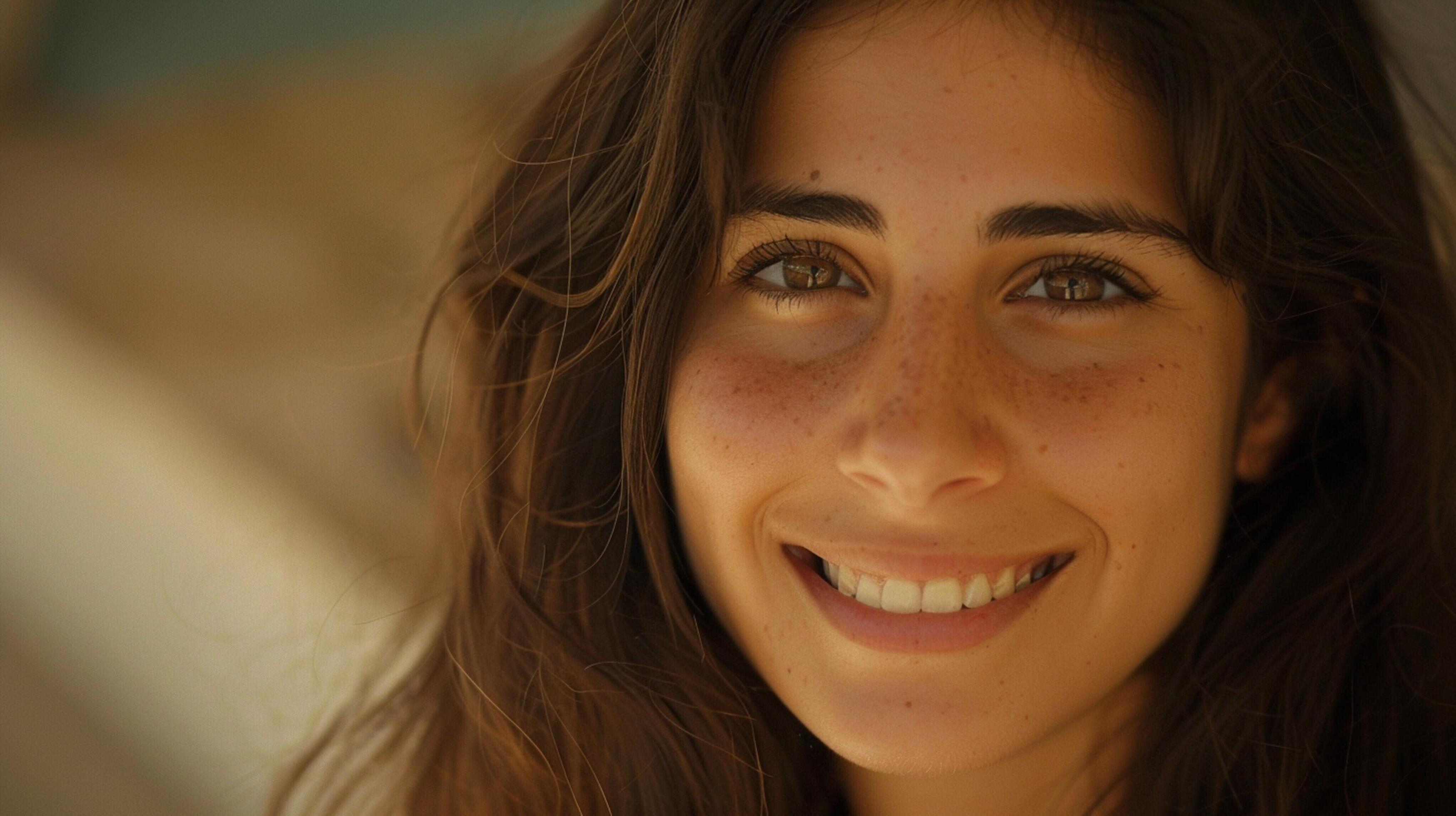 young woman with long brown hair smiling Stock Free