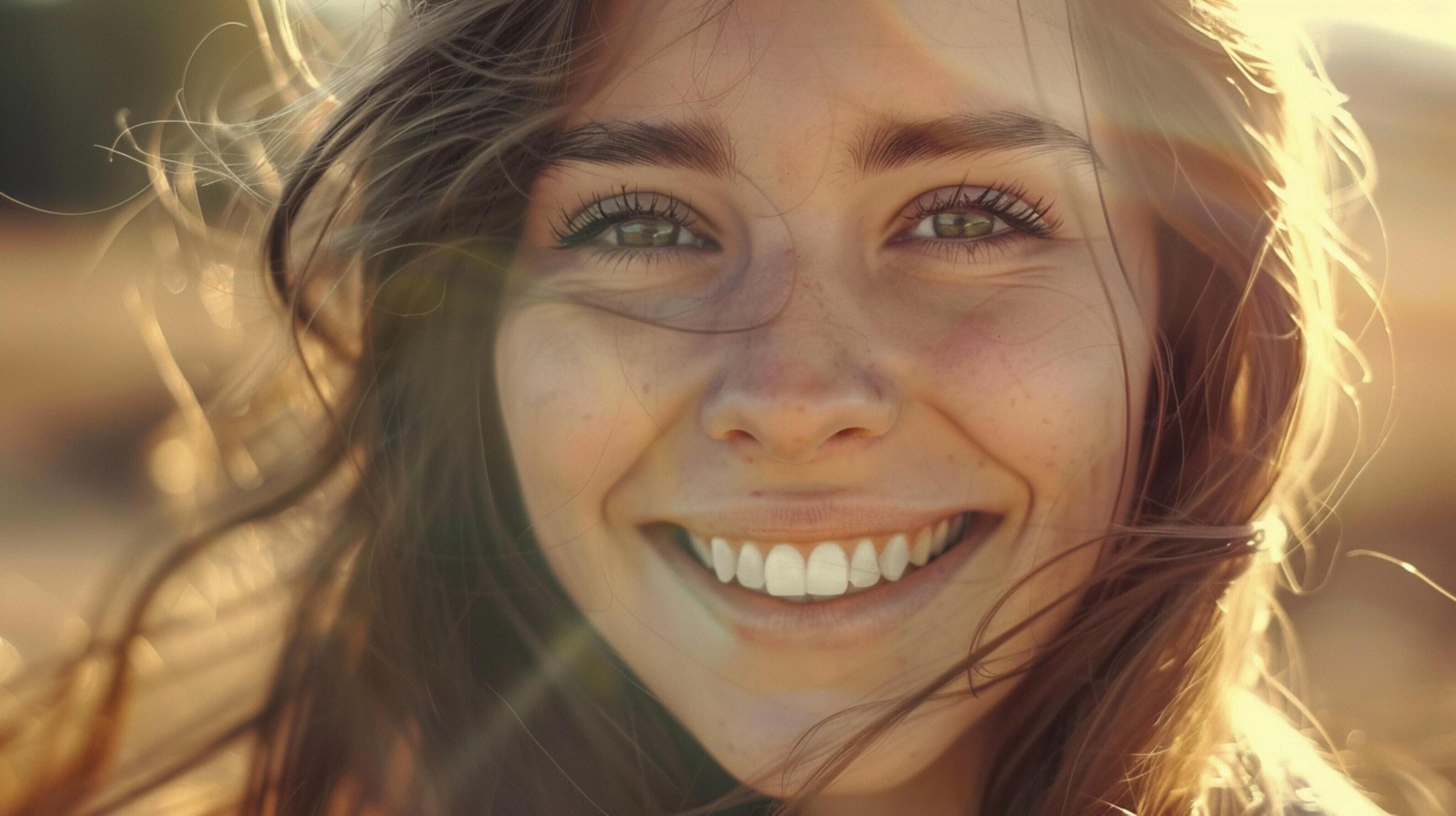 young woman with long brown hair smiling Stock Free