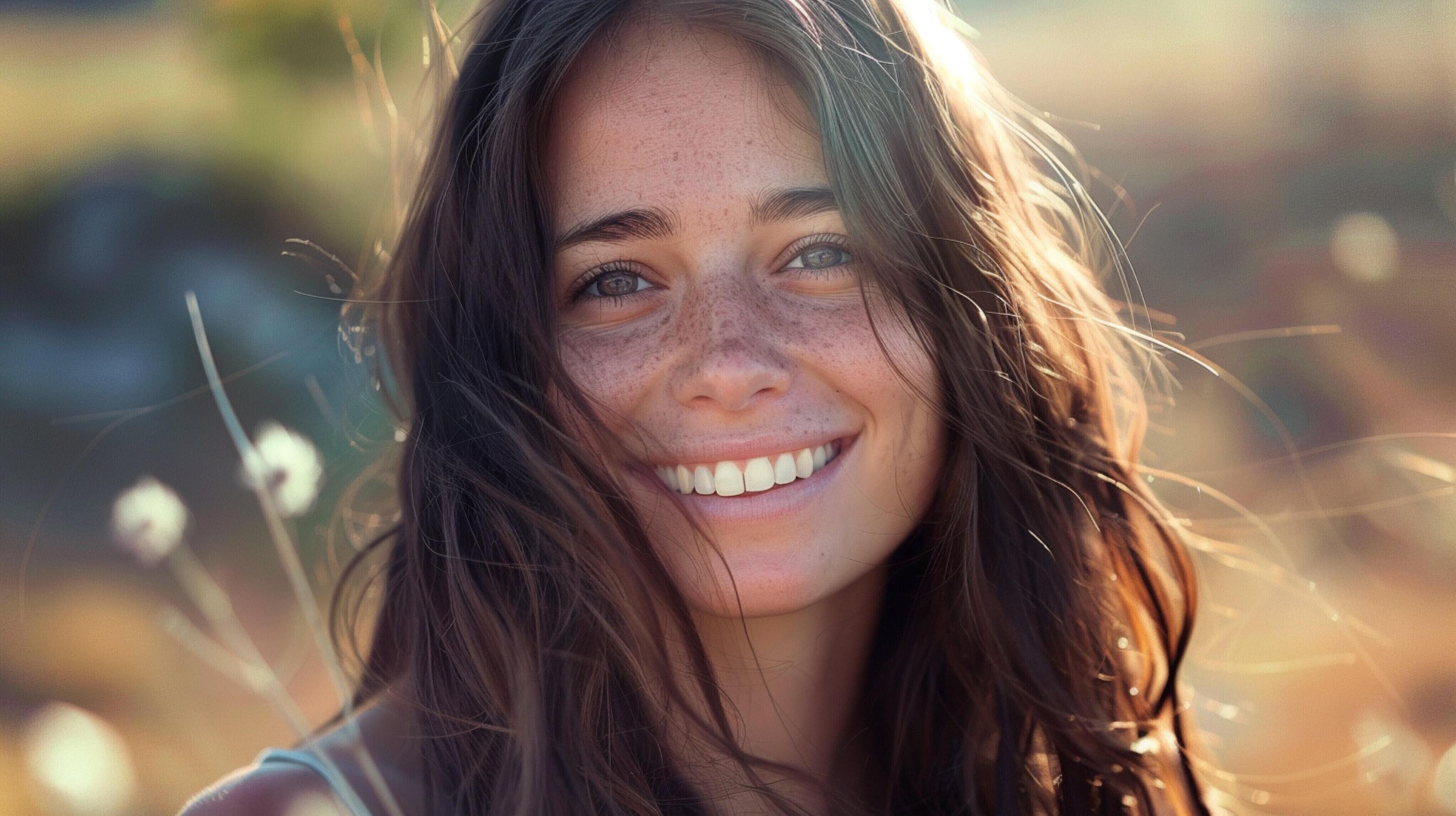 young woman with long brown hair smiling Stock Free