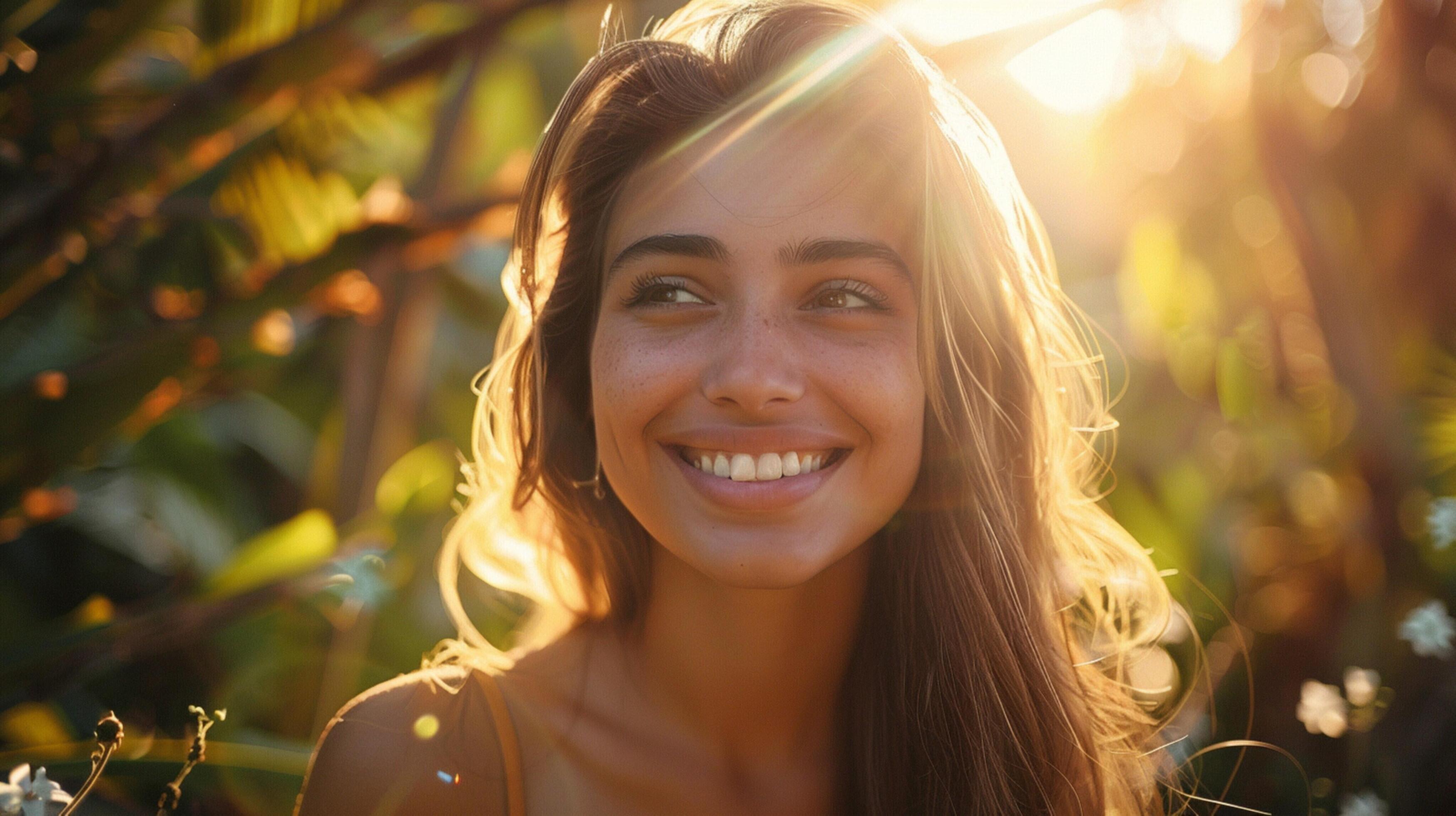 young woman smiling looking at camera surrounded Stock Free