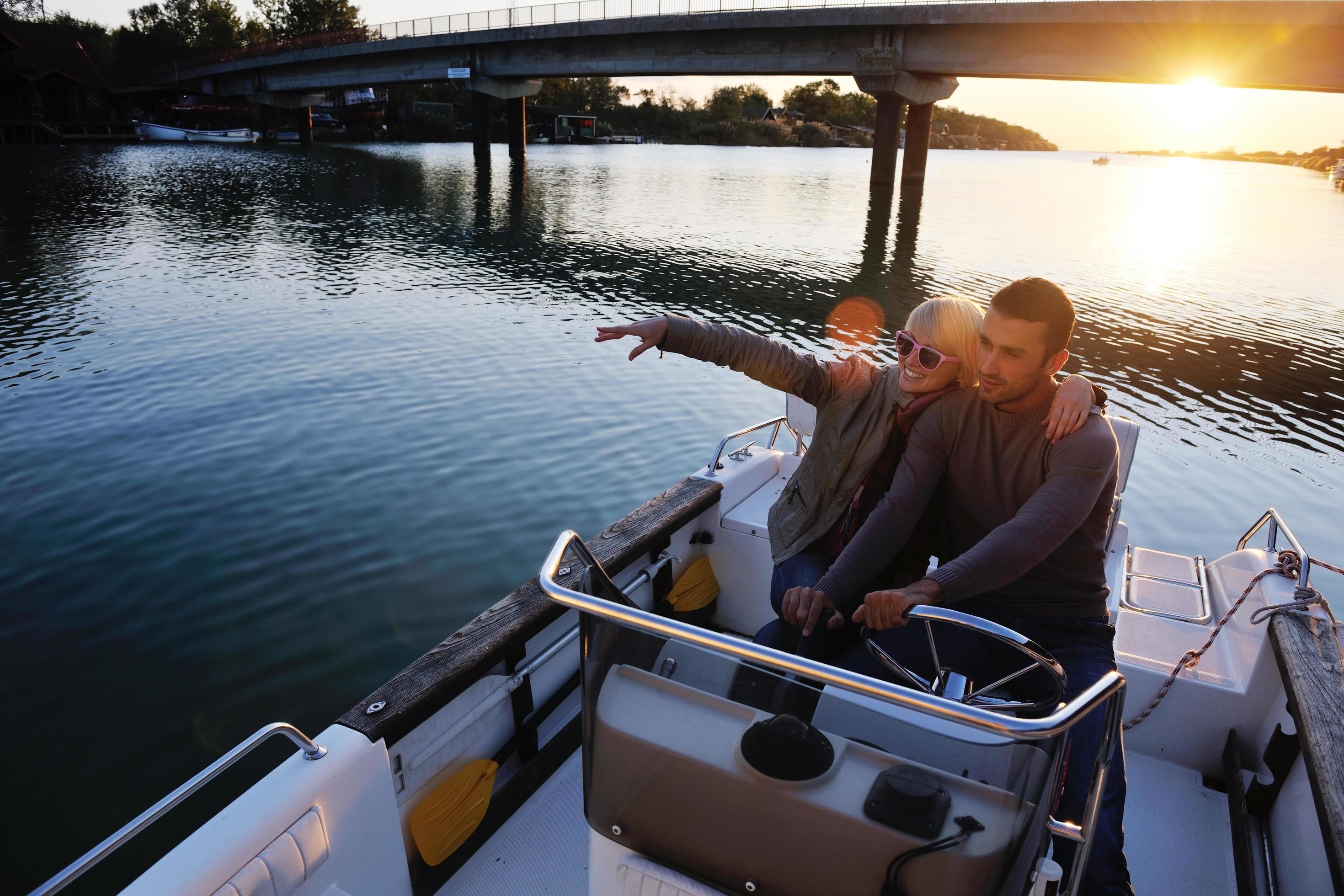 couple in love have romantic time on boat Stock Free