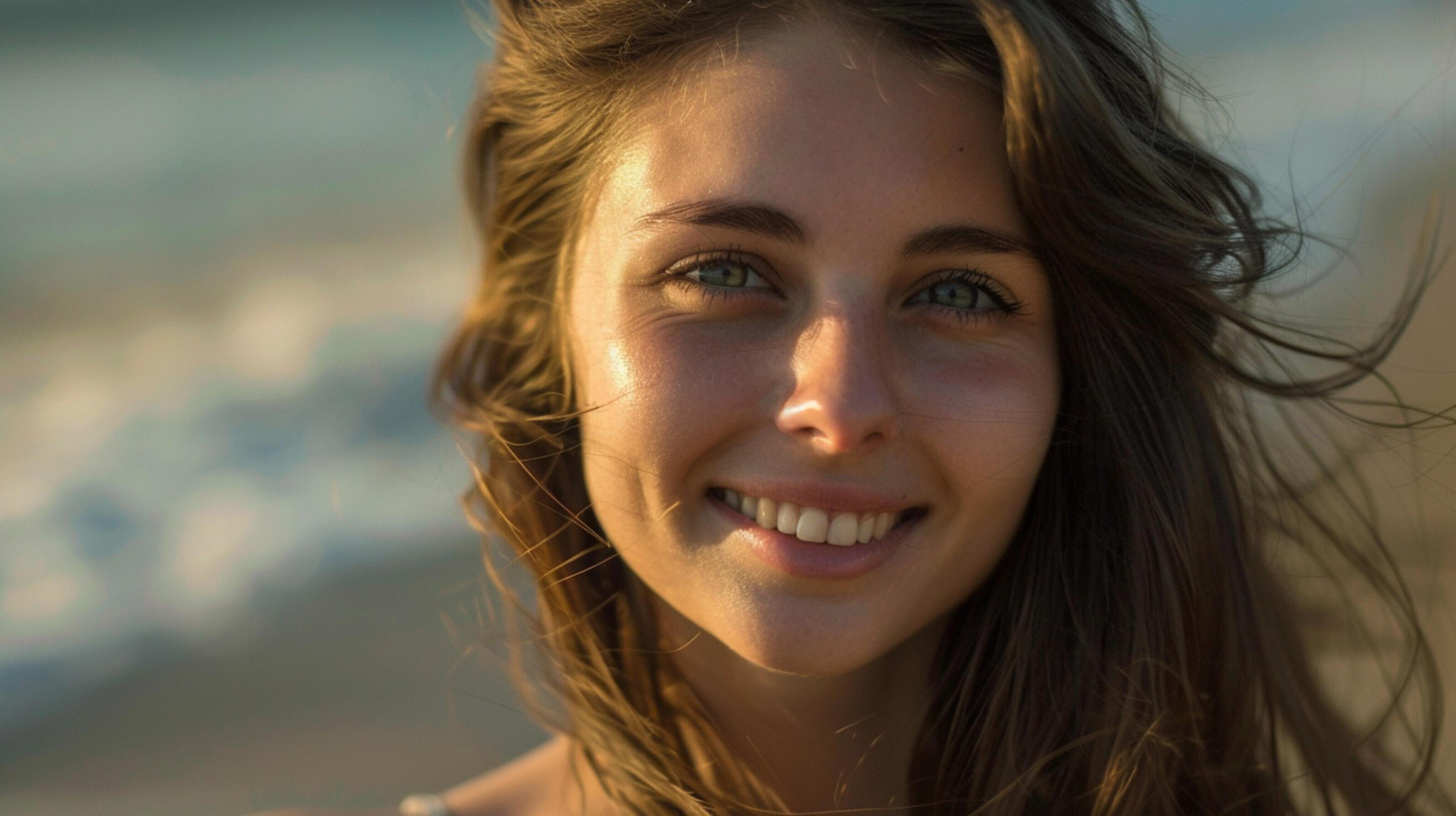 young woman with long brown hair smiling Stock Free