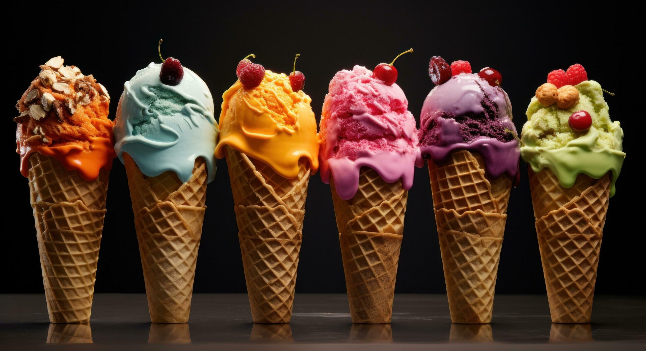 colorful ice cream cones with nuts and fruits Free Photo