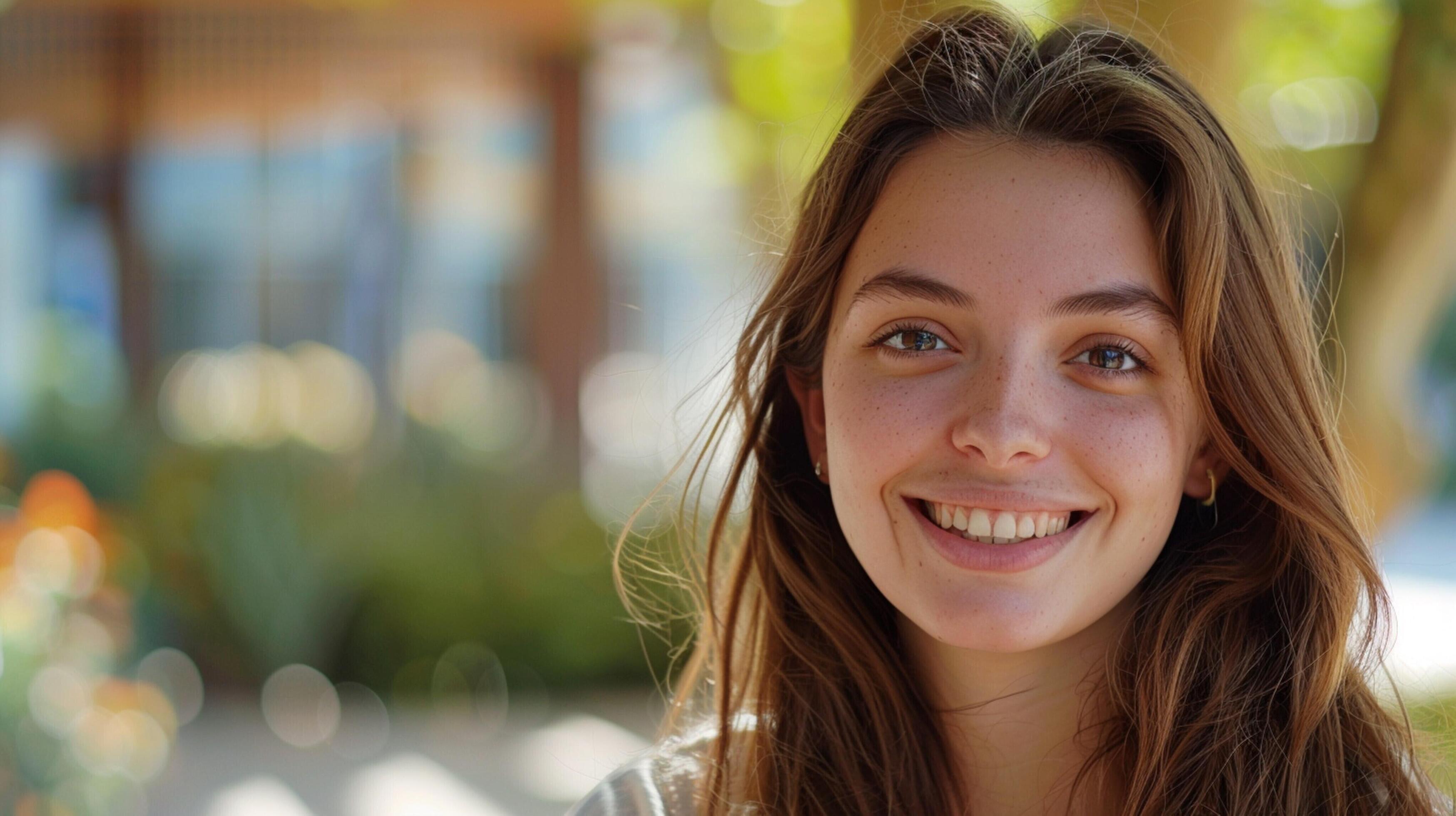 
									young woman with long brown hair smiling Stock Free