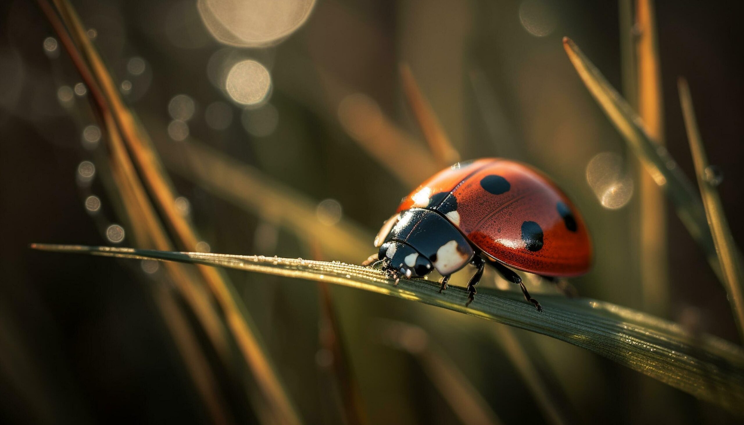 Ladybug on green leaf, dew drop, nature beauty in close up generated by AI Free Photo