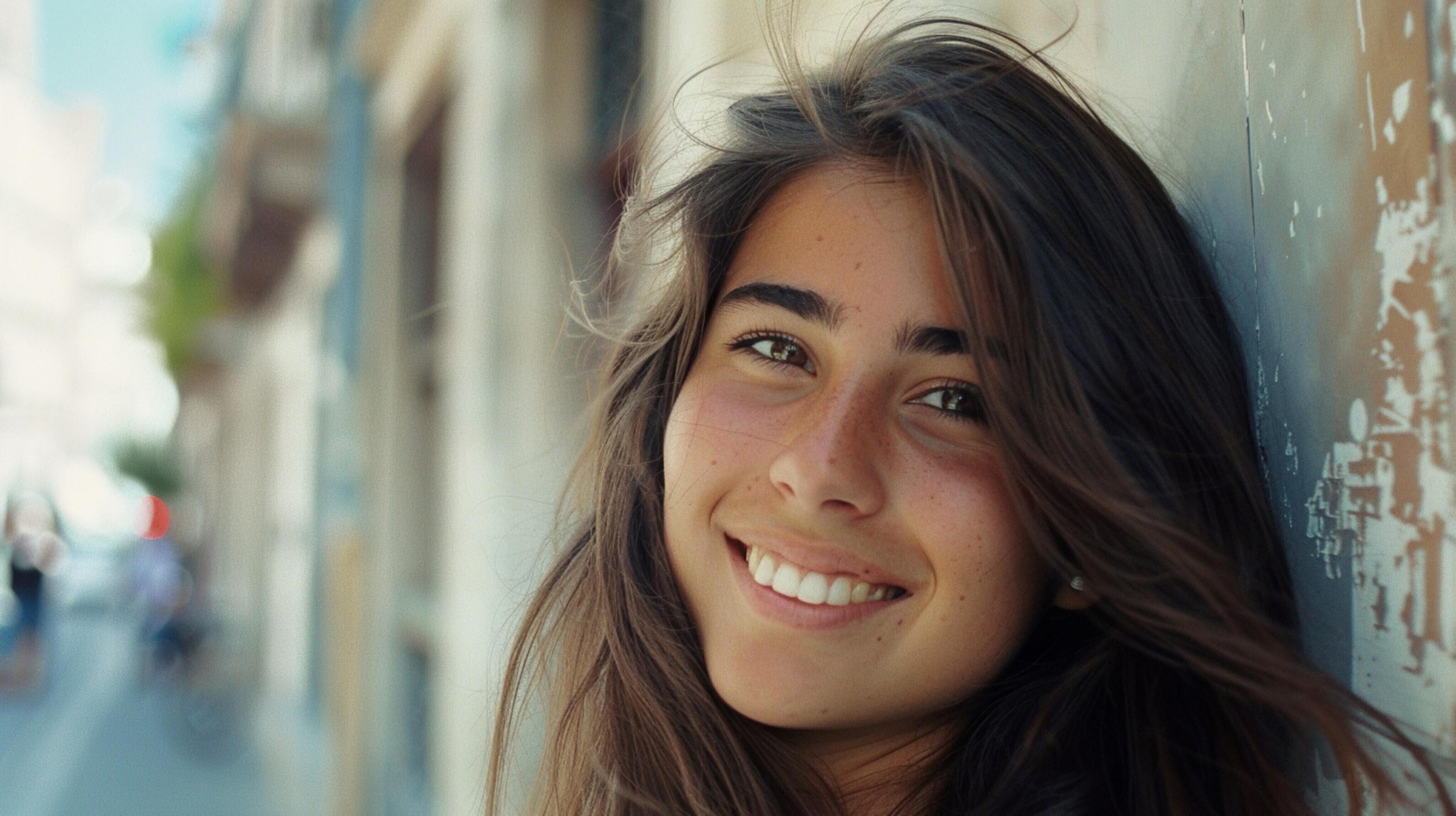 young woman with long brown hair smiling Stock Free