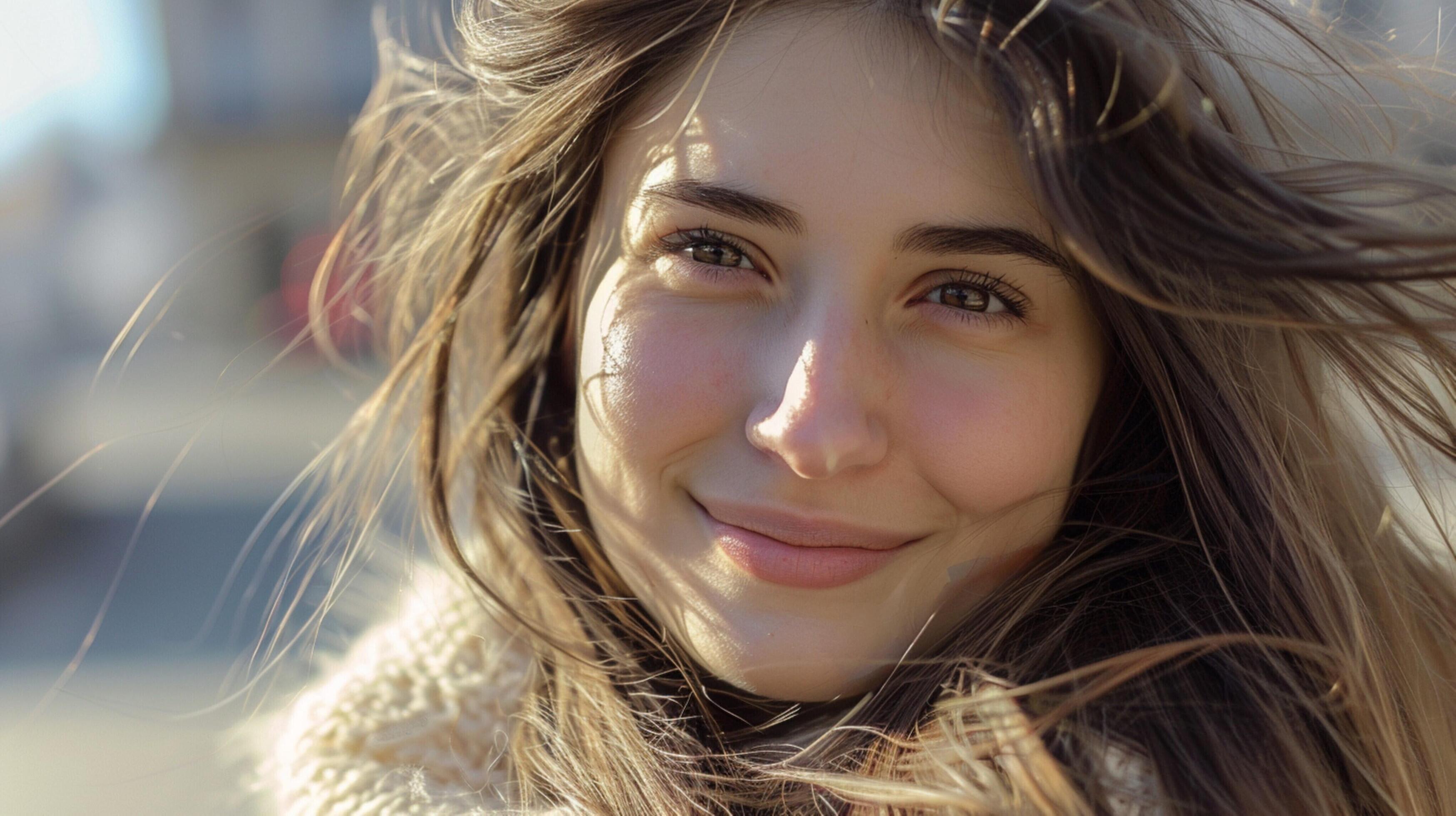 young woman with long brown hair smiling Stock Free