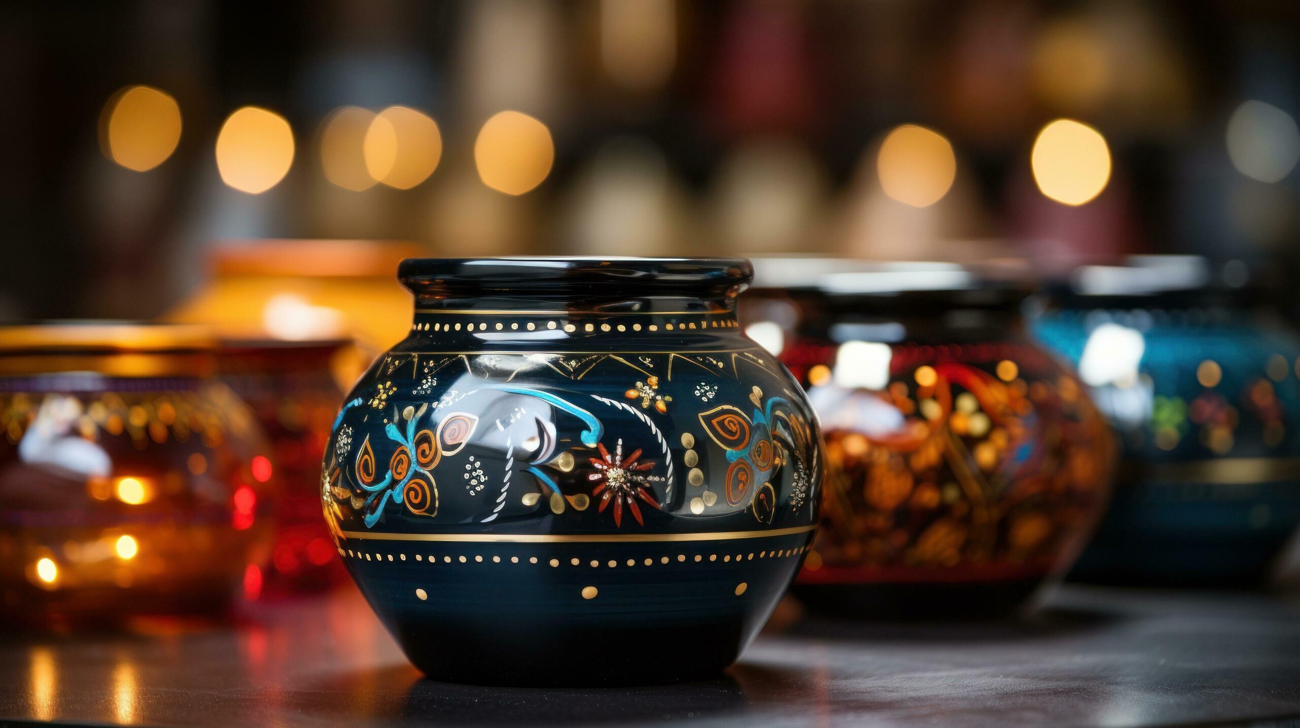 A row of colorful vases neatly arranged on a table, adding a touch of elegance and vibrancy to the room. Generative AI Free Photo