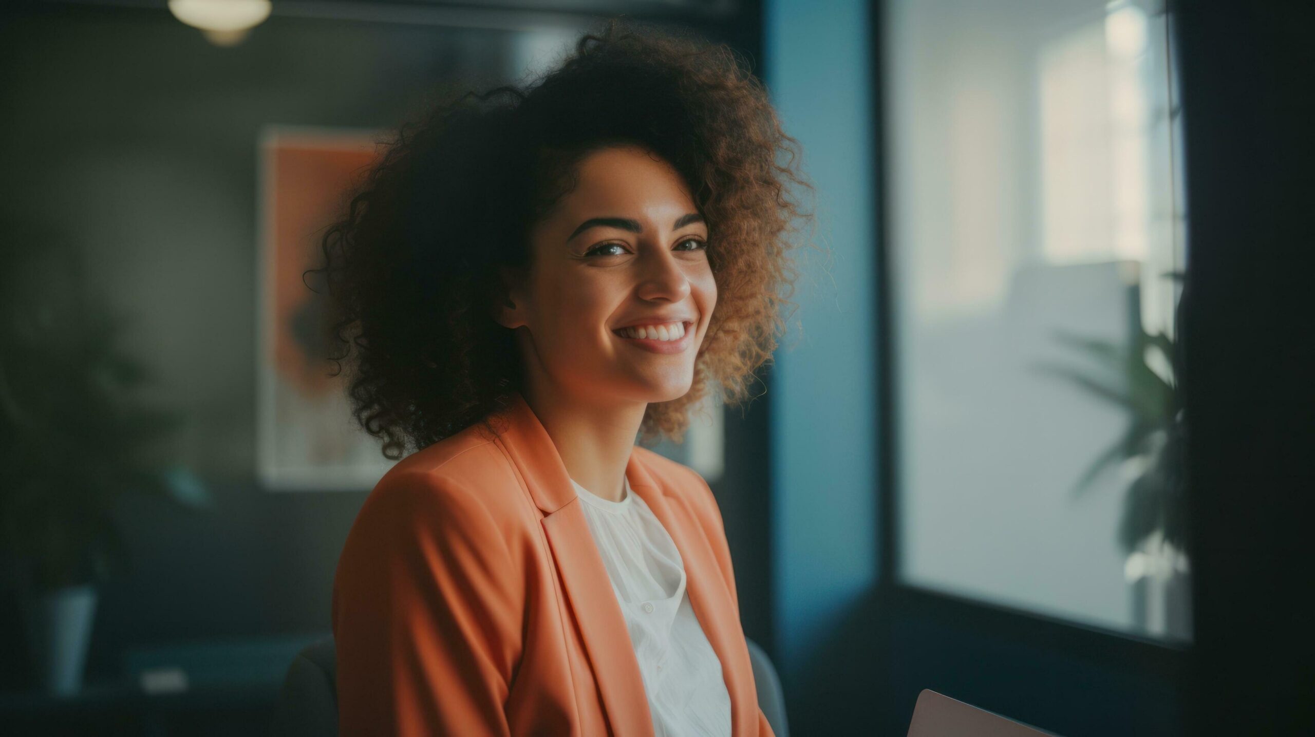 A curly-haired, self-confident woman who radiates happiness and self-confidence. Generative AI Free Photo