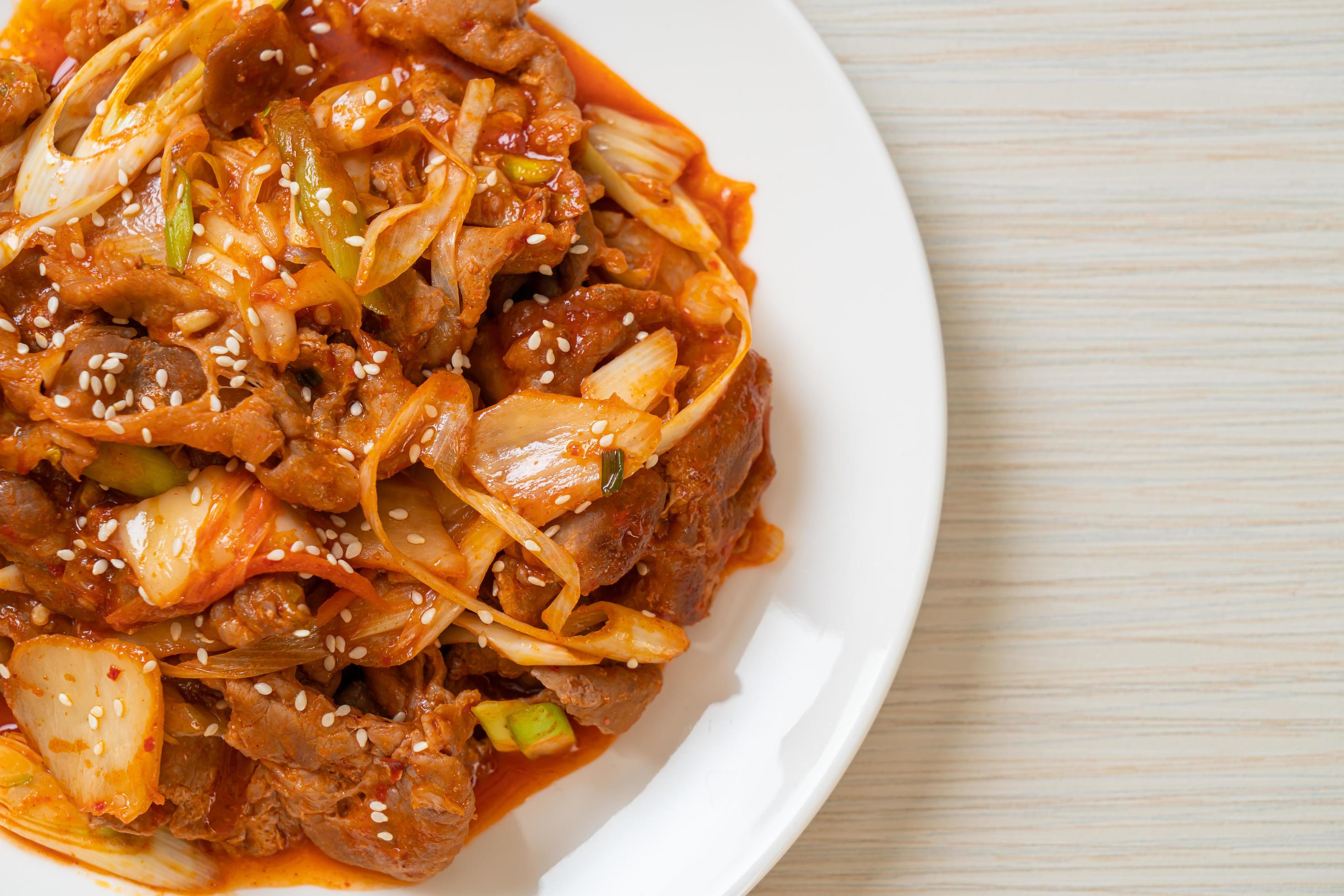 Stir-fried pork with Korean spicy paste and kimchi – Korean food style Stock Free