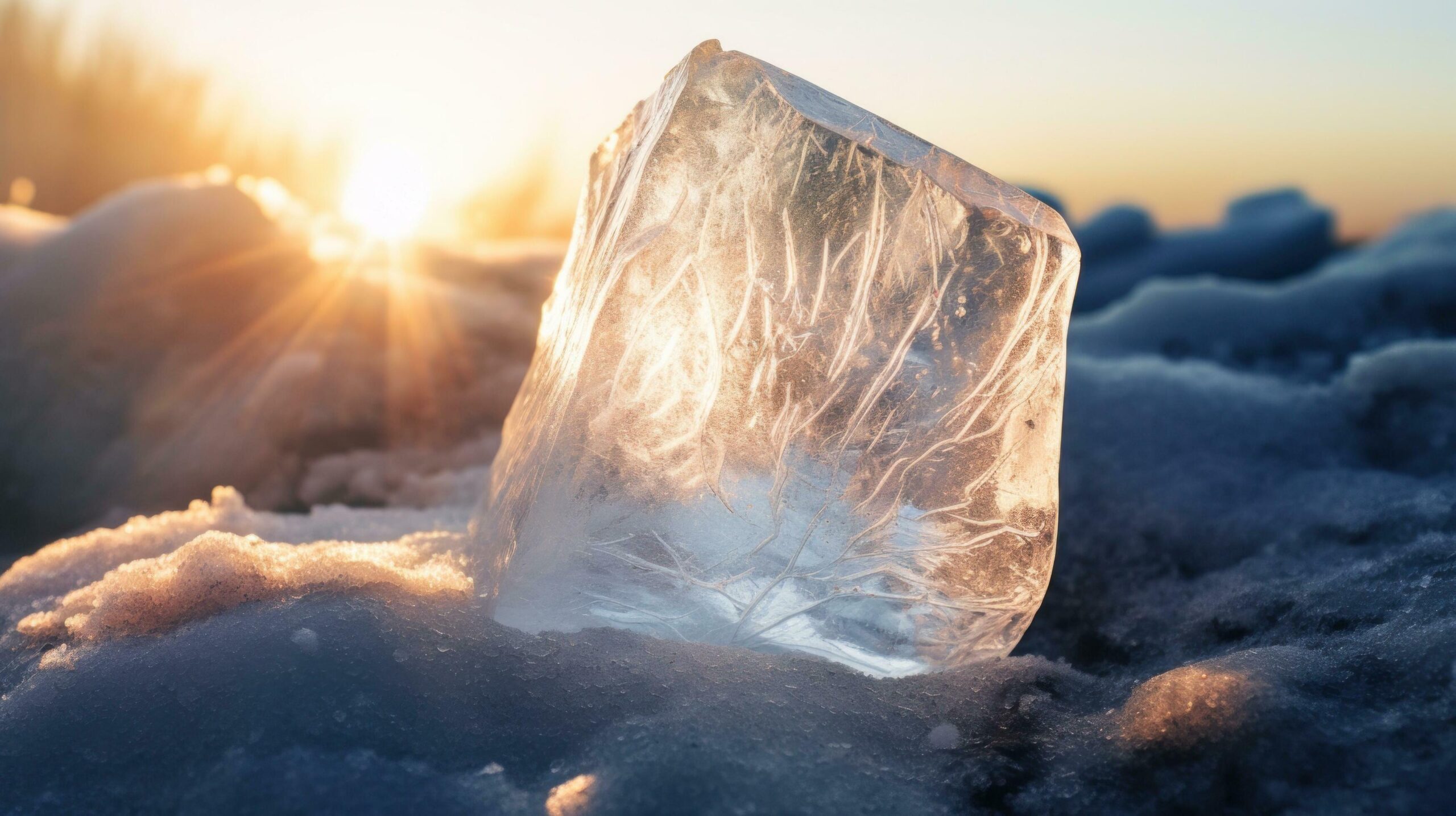 A sparkling crystal rests on snow, surrounded by a serene winter landscape. Generative AI Free Photo