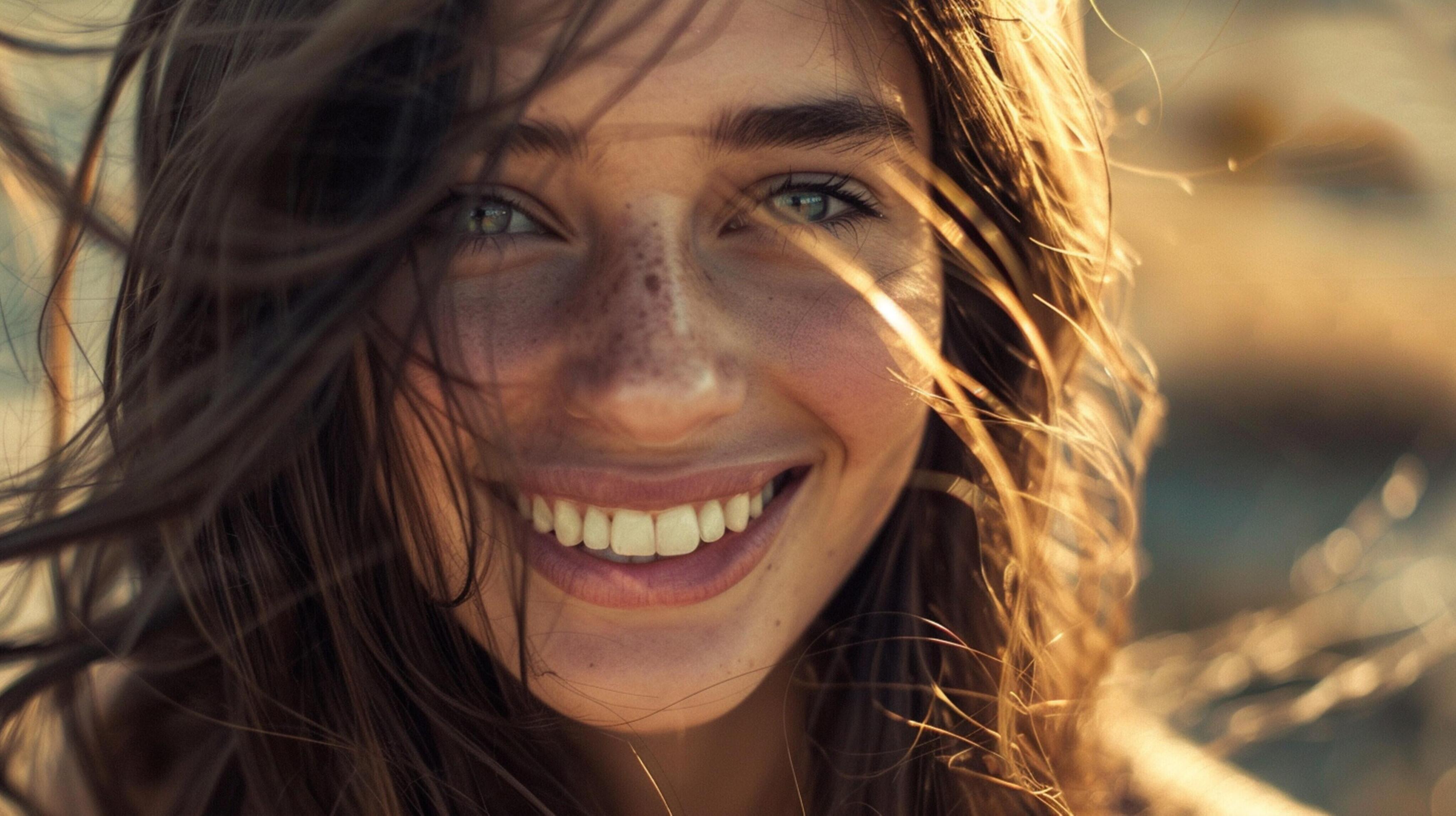 young woman with long brown hair smiling Stock Free