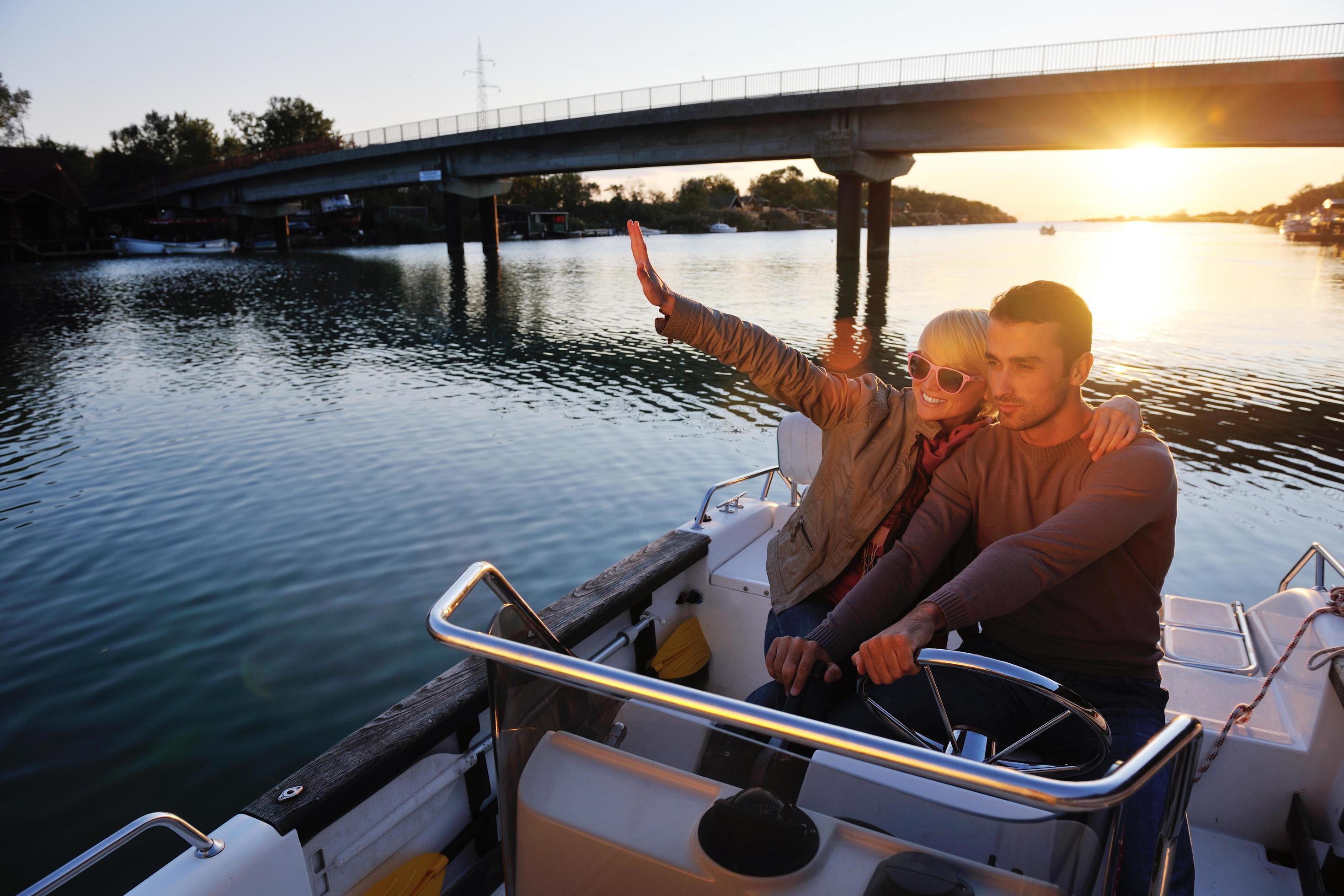 couple in love have romantic time on boat Stock Free