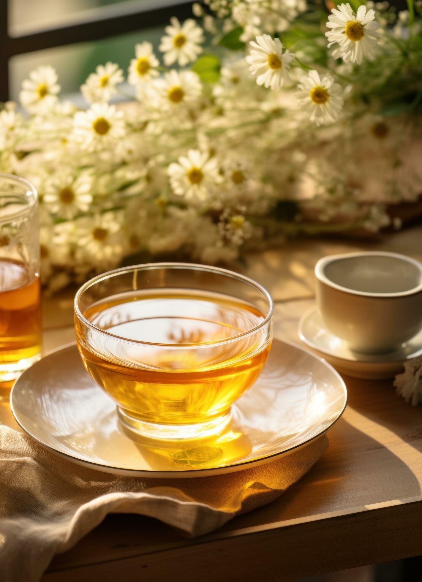 chamomile tea and flowers on the table Free Photo