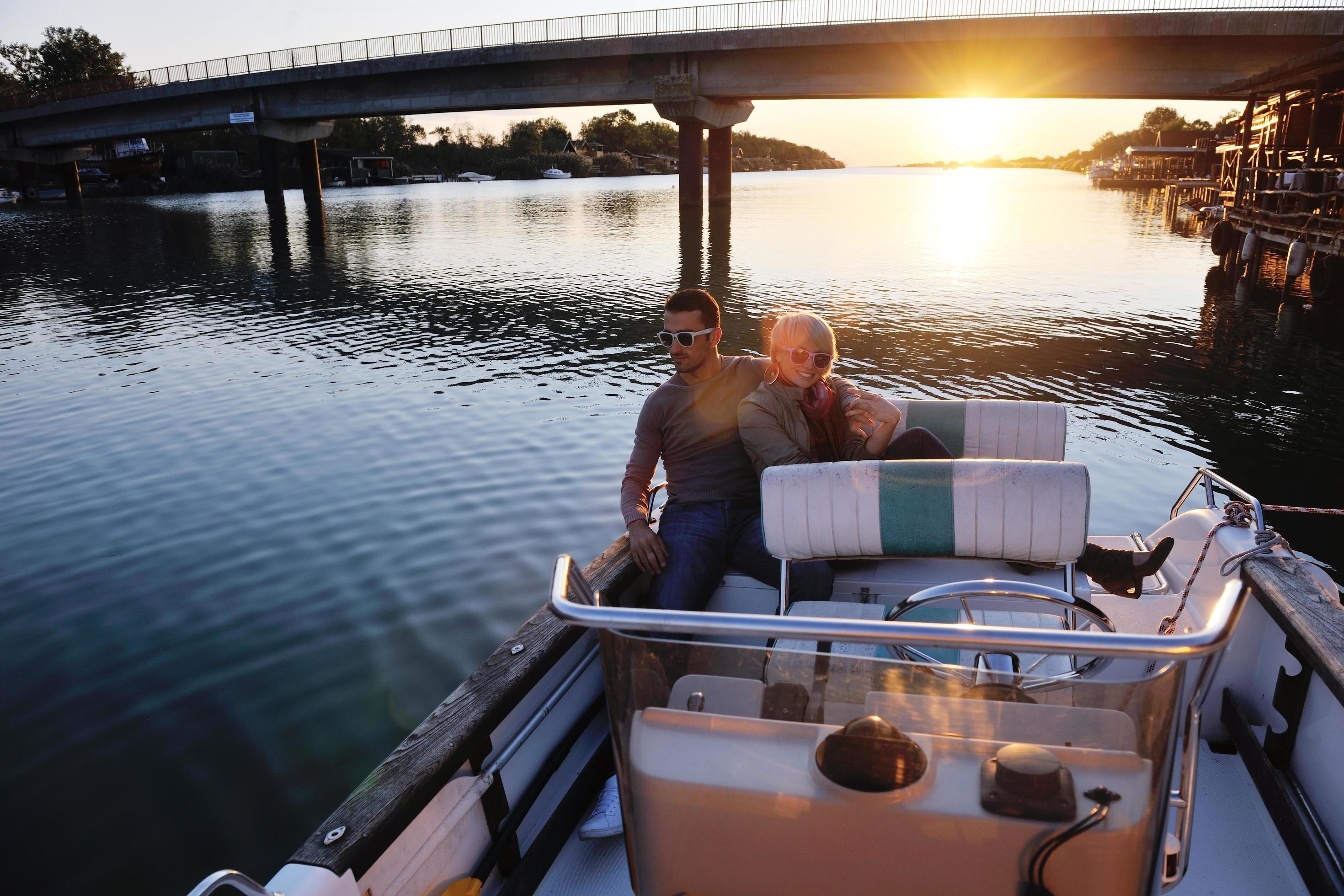 couple in love have romantic time on boat Stock Free