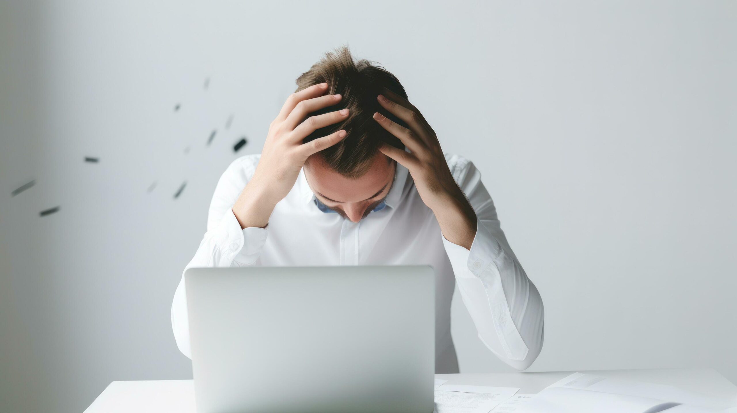 A frustrated man sitting at a desk, feeling overwhelmed as he rests his head in his hands. Generative AI Free Photo