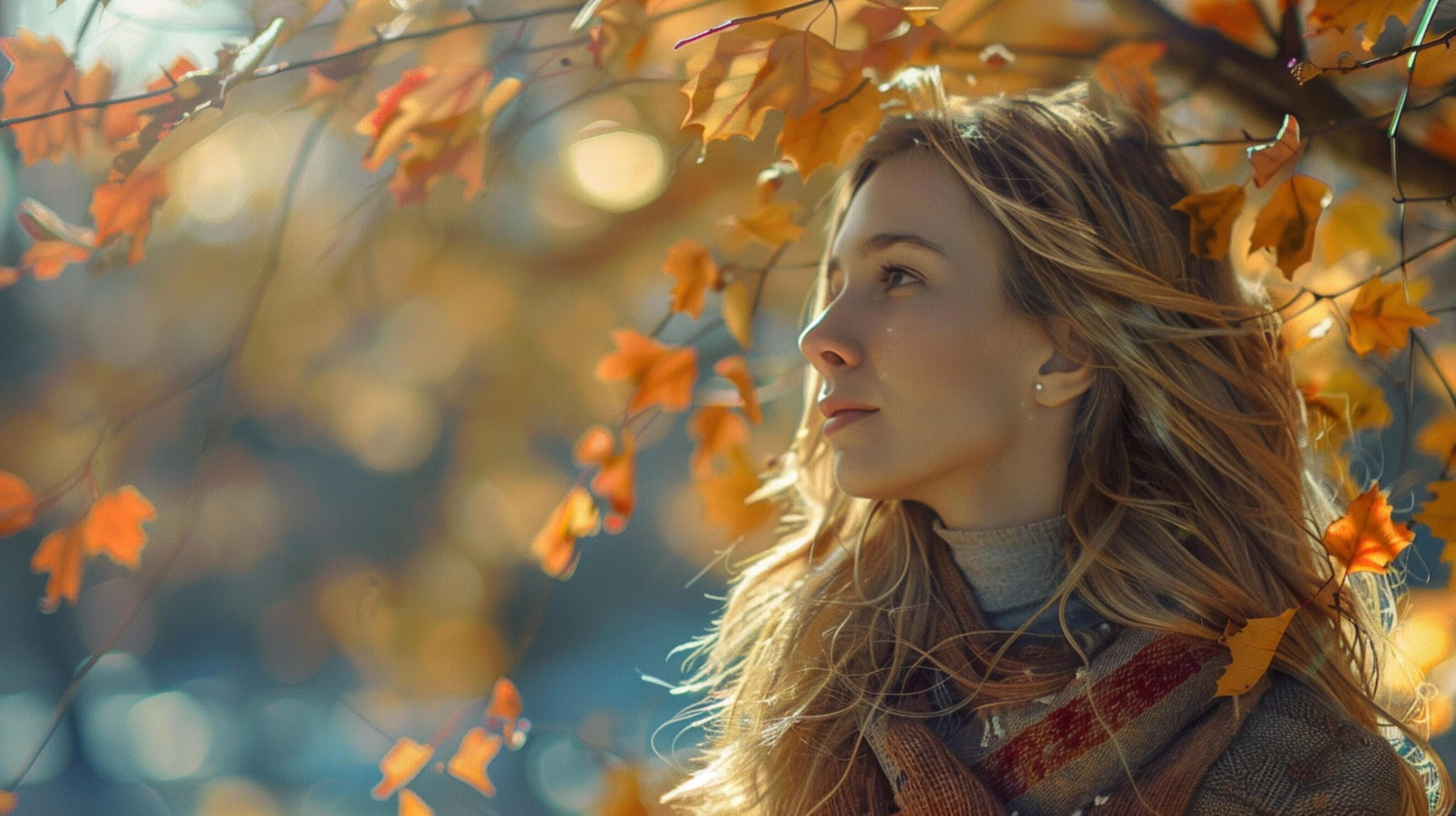 young woman with long blond hair enjoying autumn Stock Free