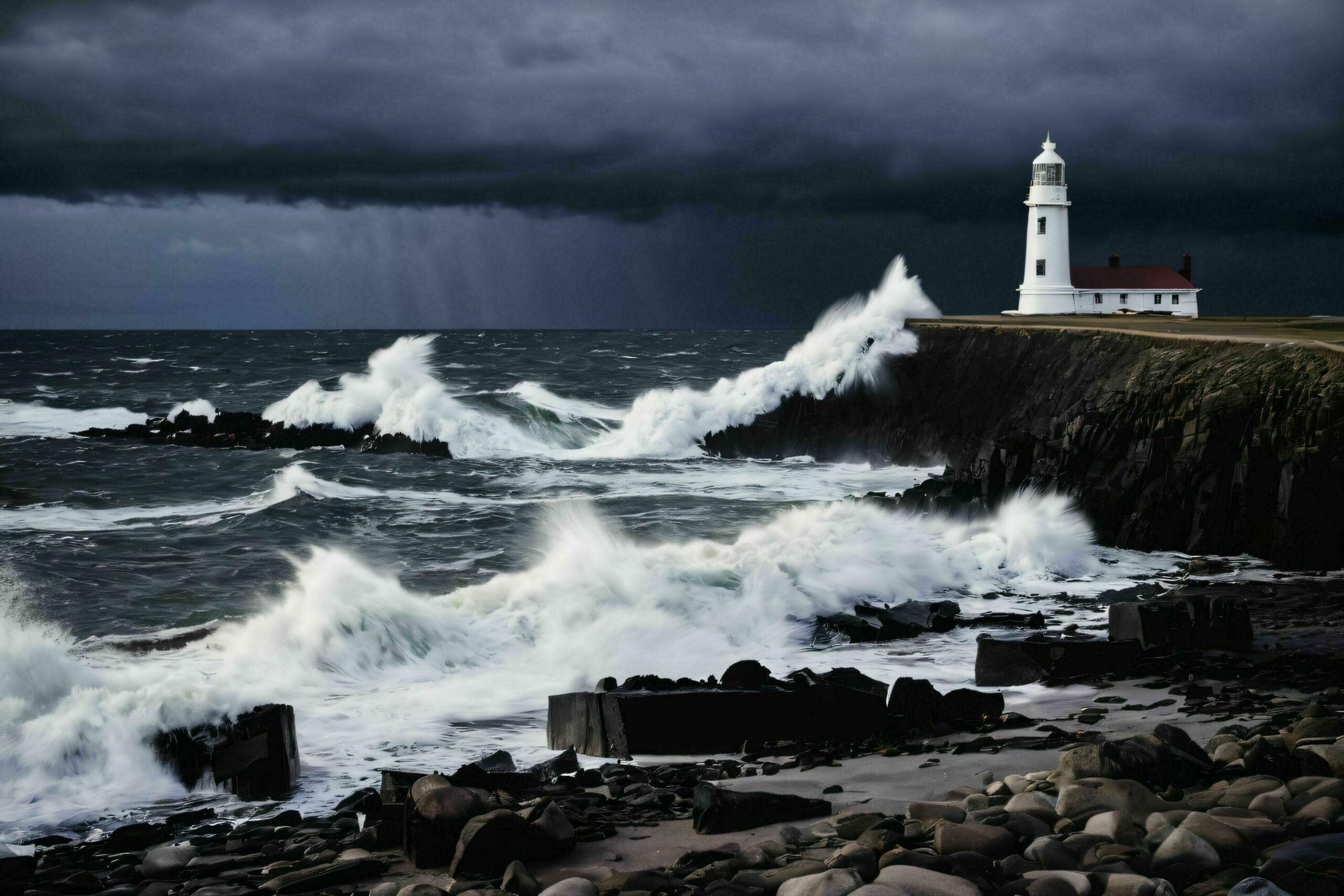 Dramatic Sea Waves at Sea Shore with Lighthouse in Backdrop Free Photo