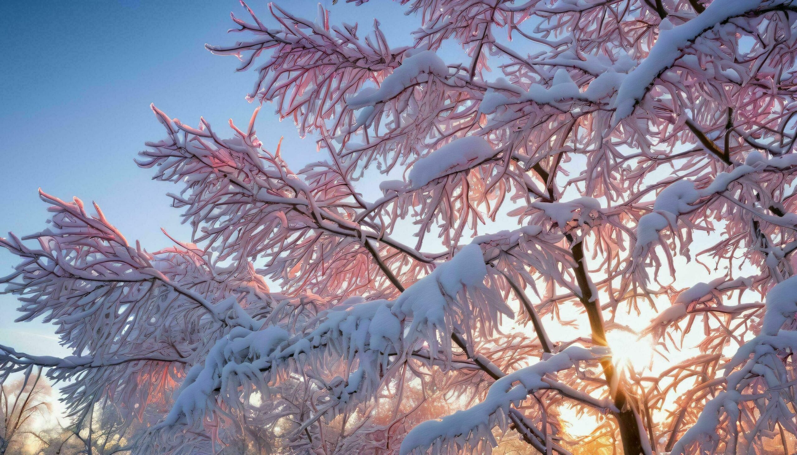 Snow Covered Tree with Sunrise in Backdrop Free Photo