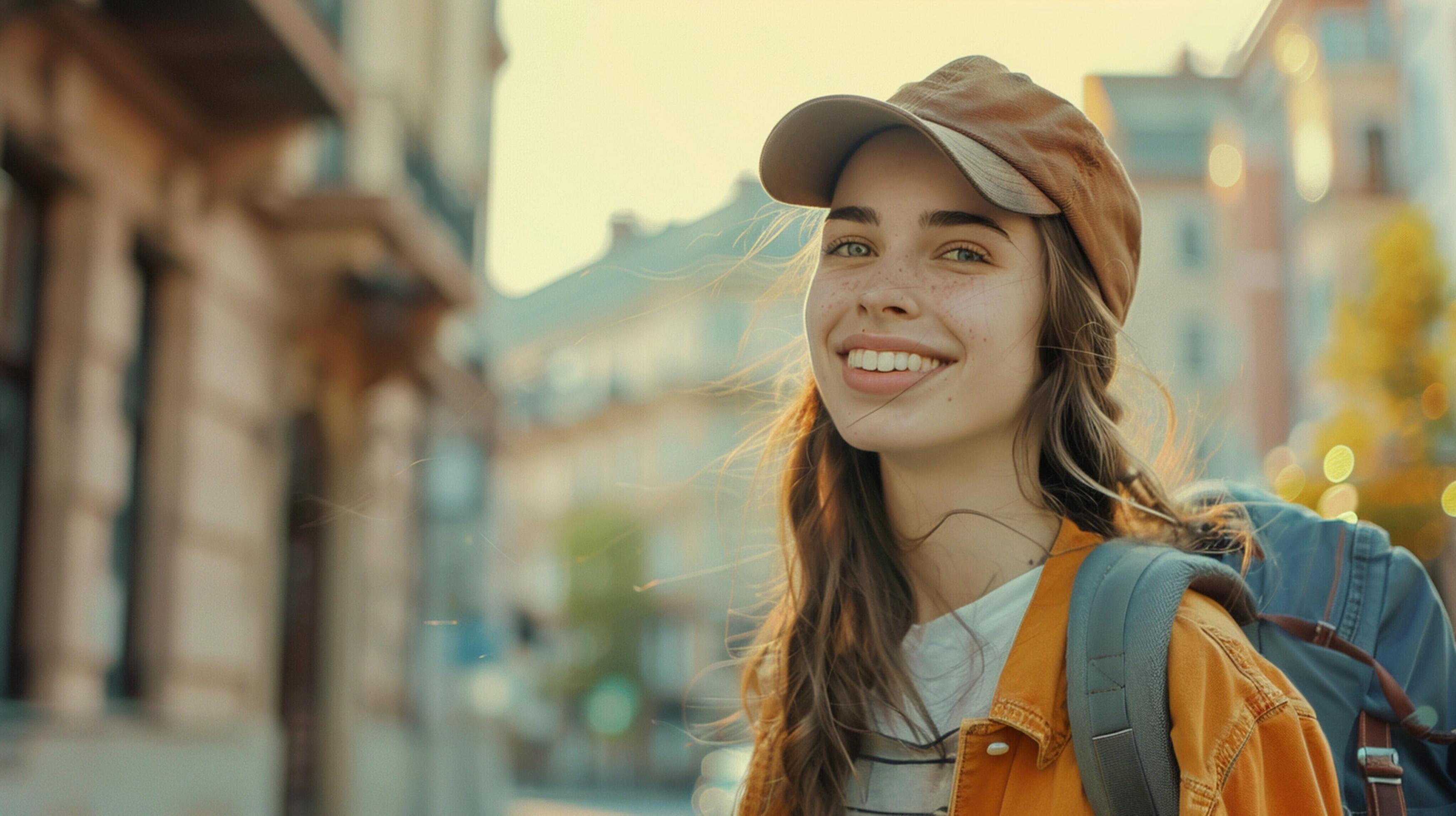 young woman in casual clothing walking Stock Free