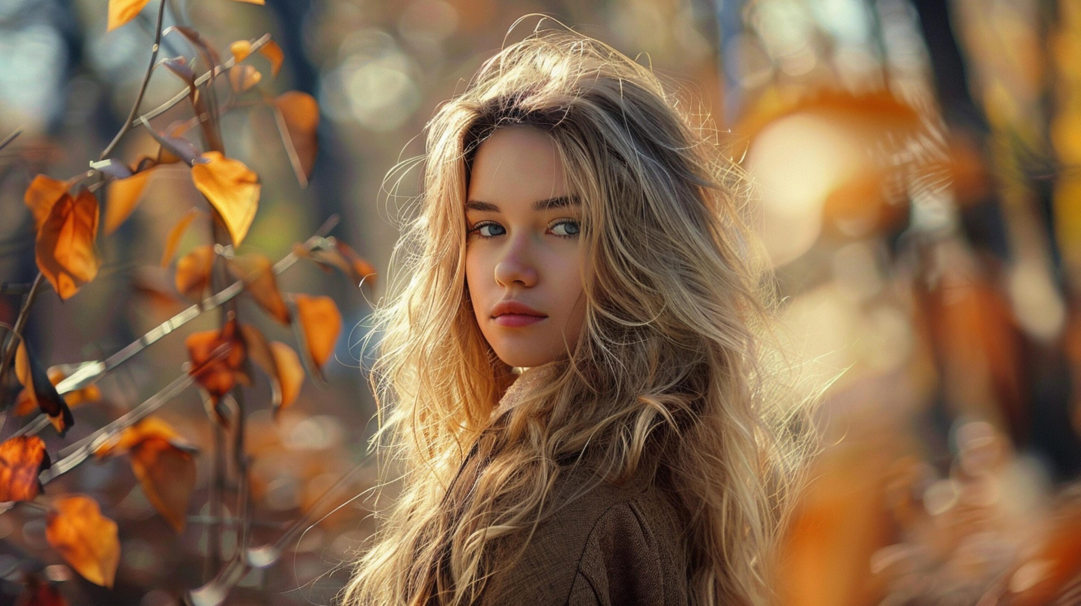 young woman with long blond hair enjoying autumn Stock Free