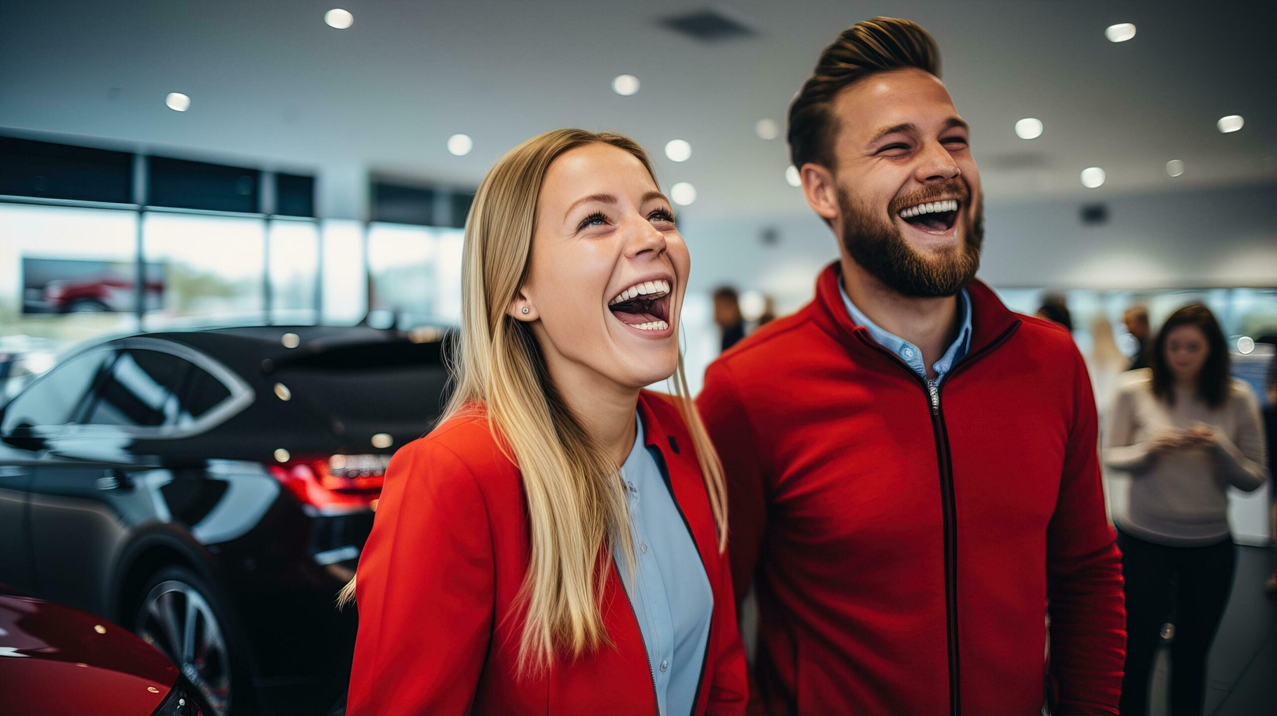 Young couple excitedly choosing their first car in a car dealership. Generative AI Free Photo