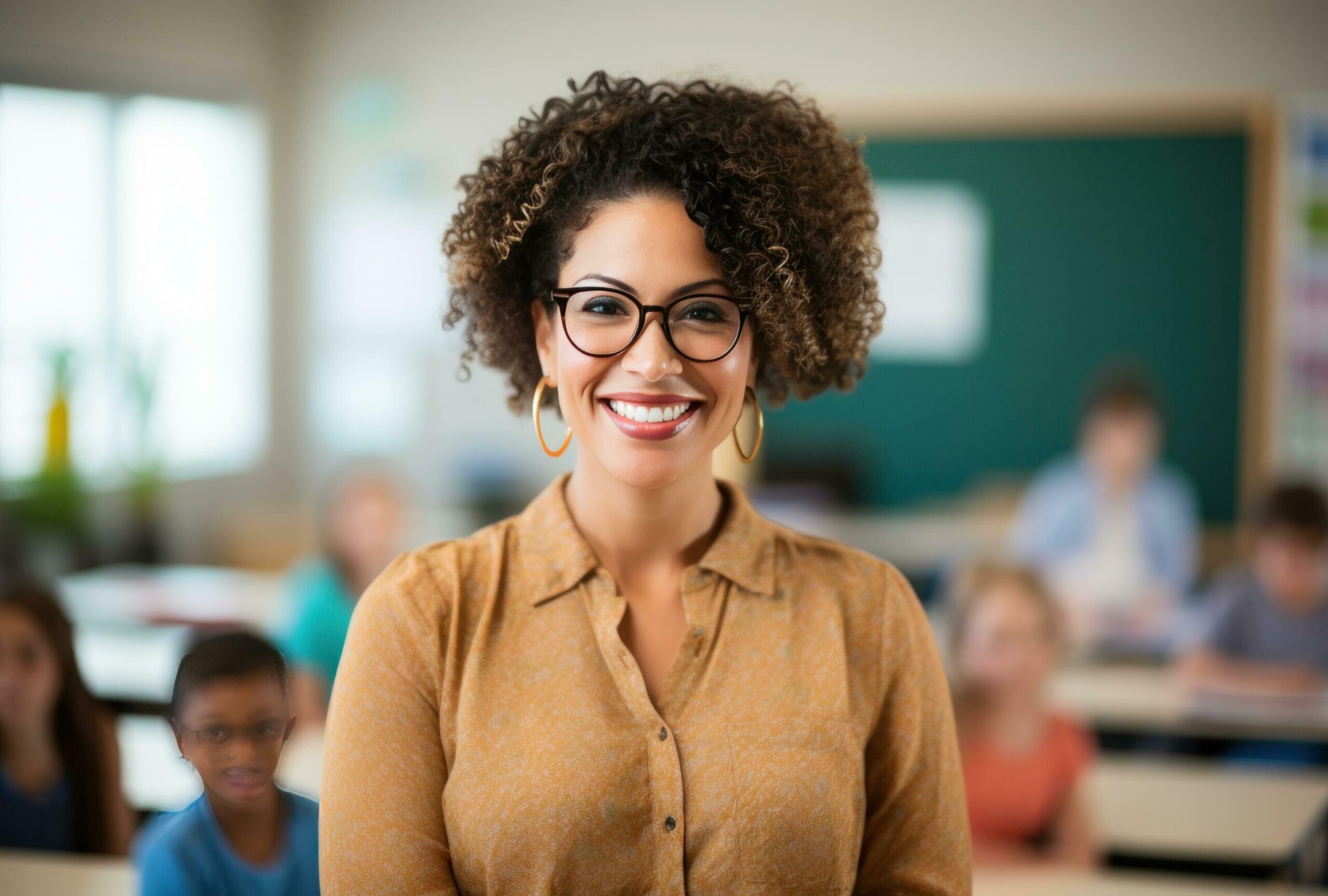 a woman in glasses is smiling at the camera in a classroom, Free Photo