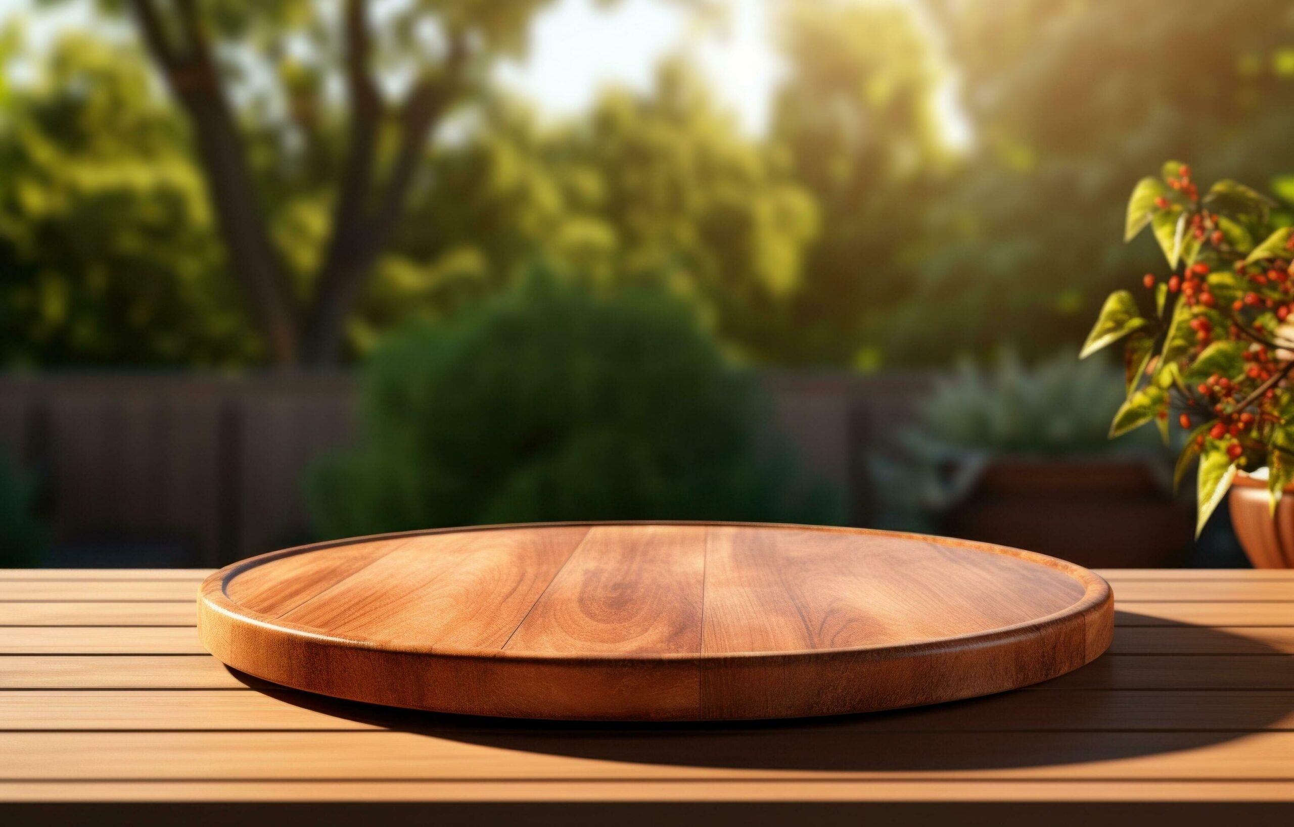 empty wooden plate on deck with sunlight behind Free Photo