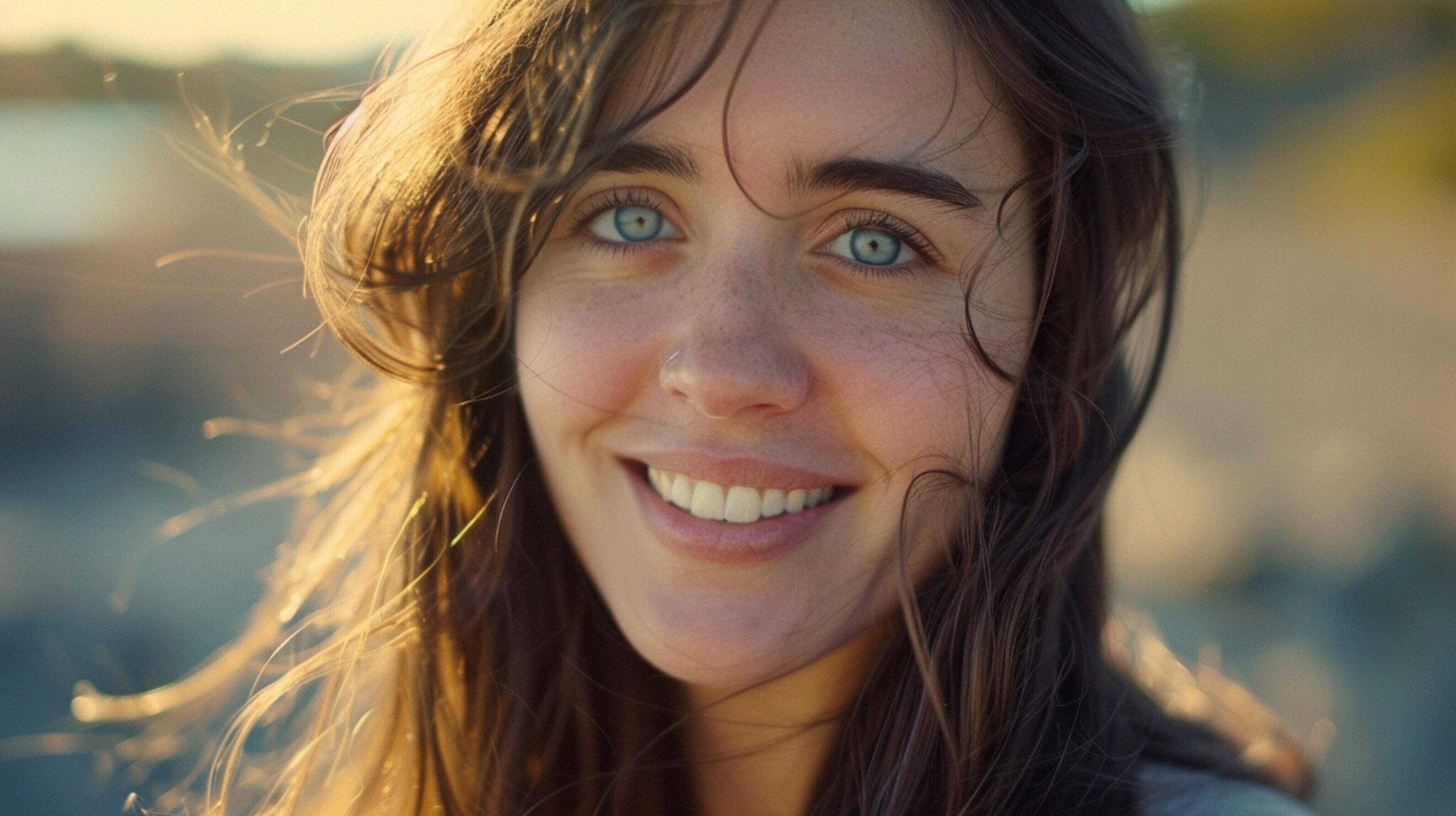 young woman with long brown hair smiling Stock Free