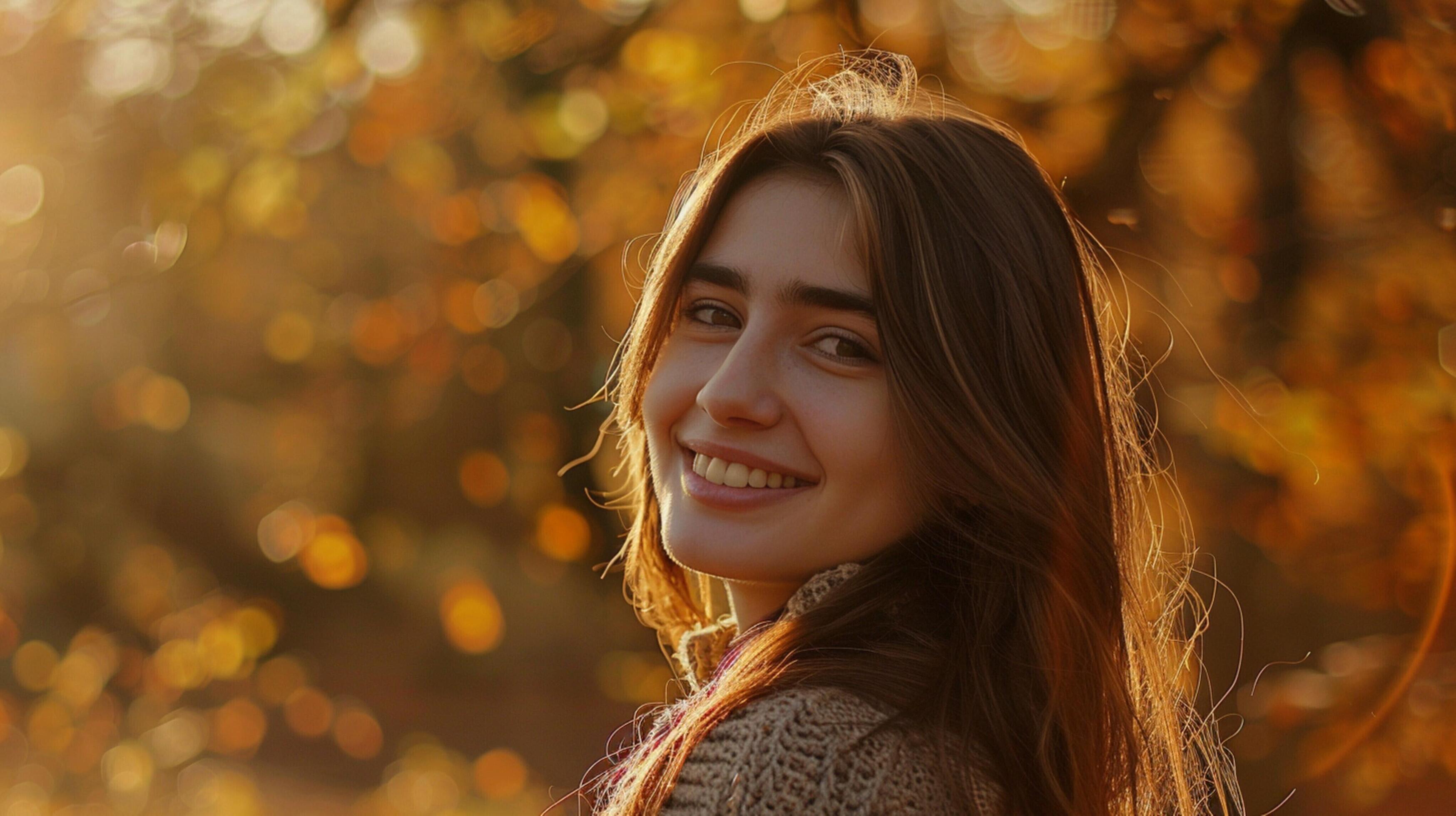 young woman with long brown hair smiling in autumn Stock Free