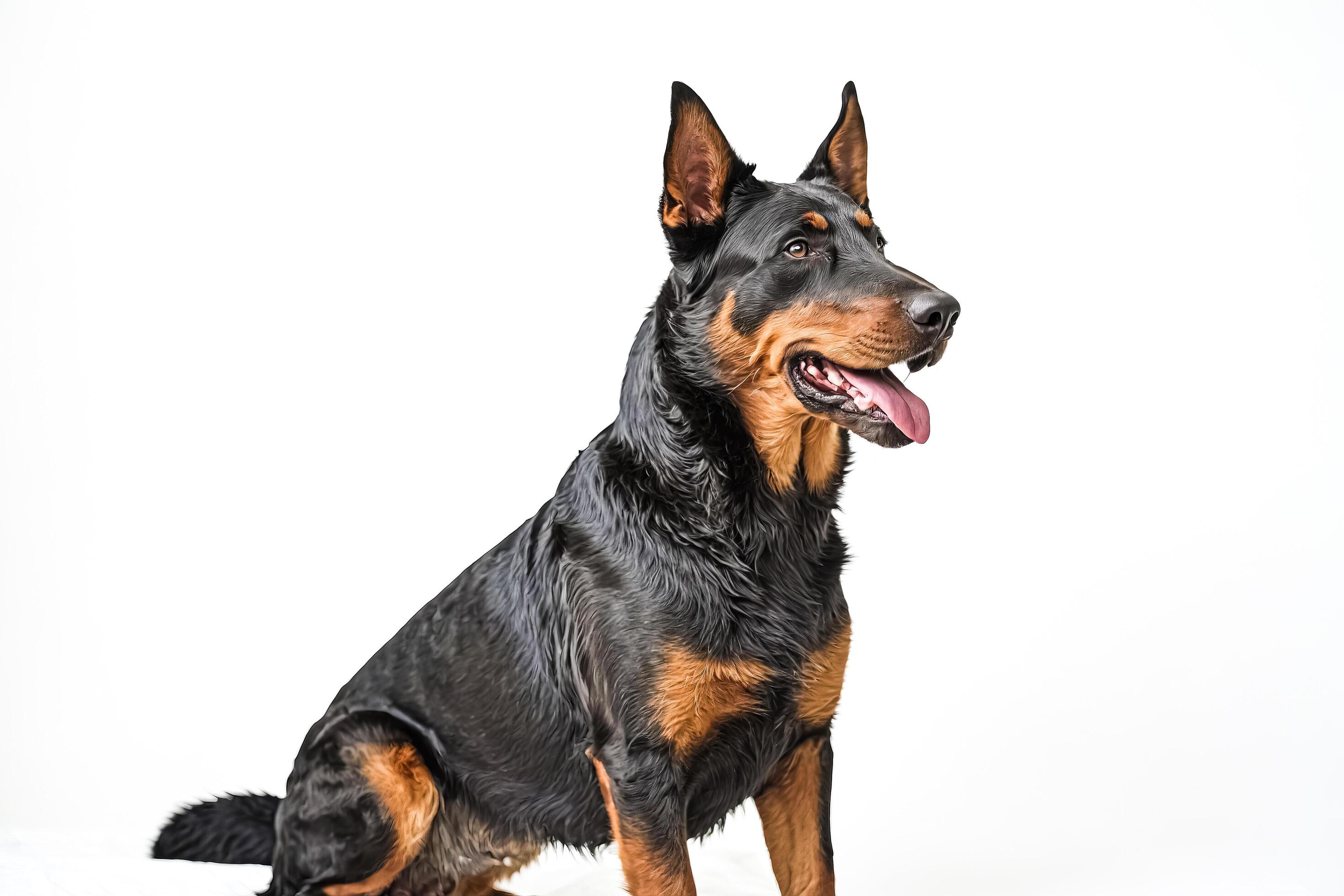 Black and Tan French Shepherd Dog Sitting on White Background Stock Free