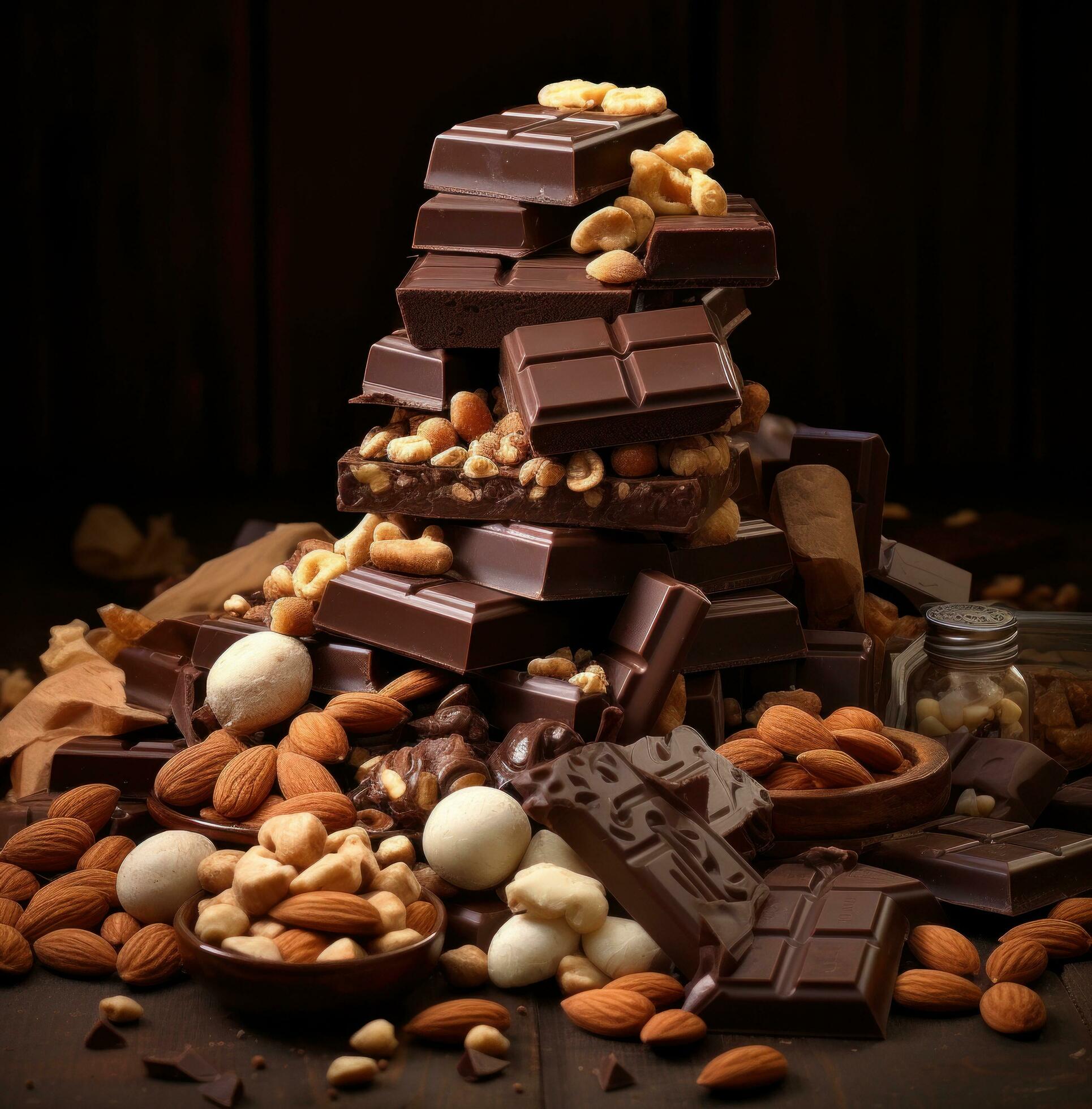 chocolate bar and nuts on a background Free Photo