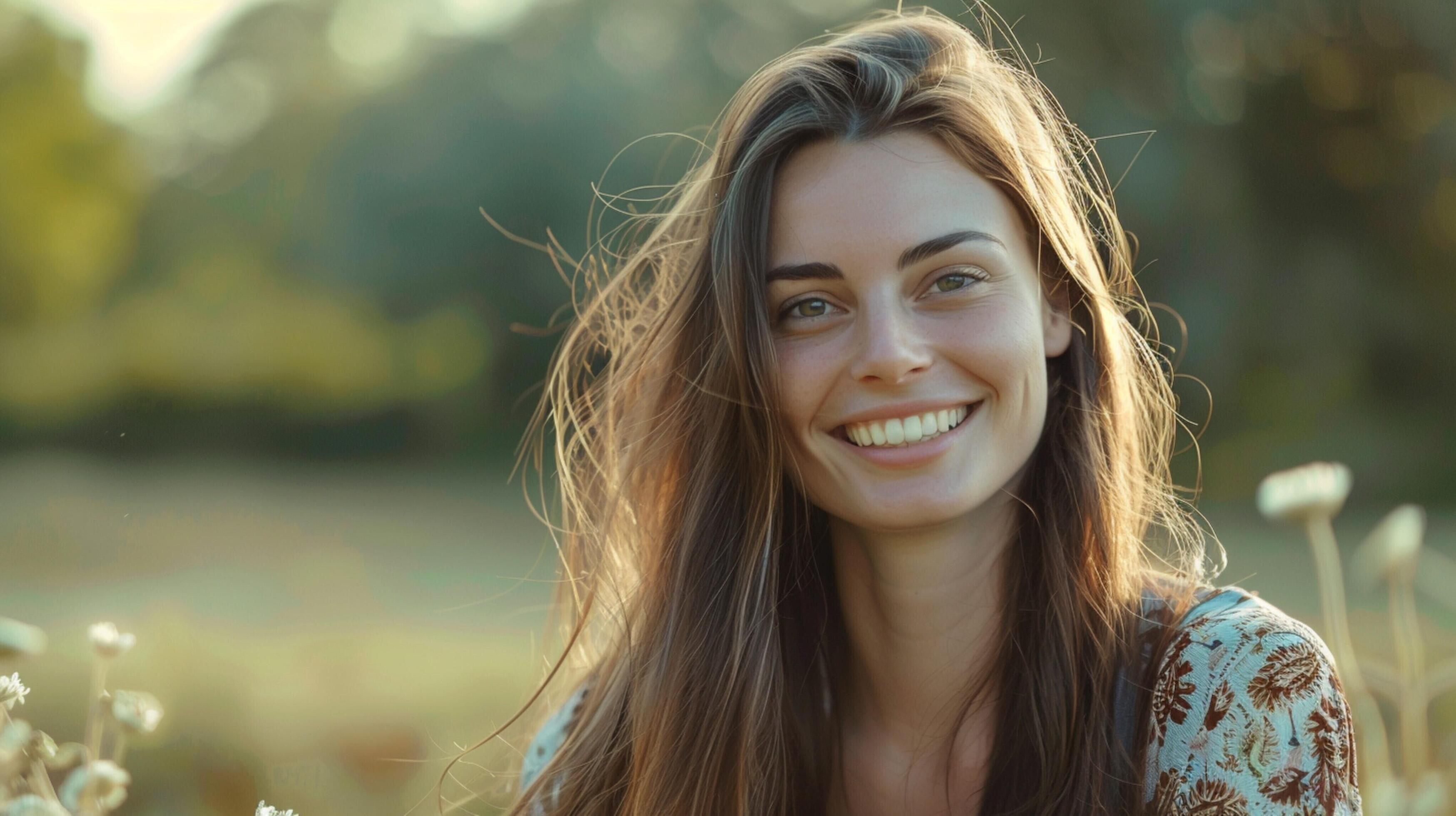 young woman with long brown hair smiling Stock Free