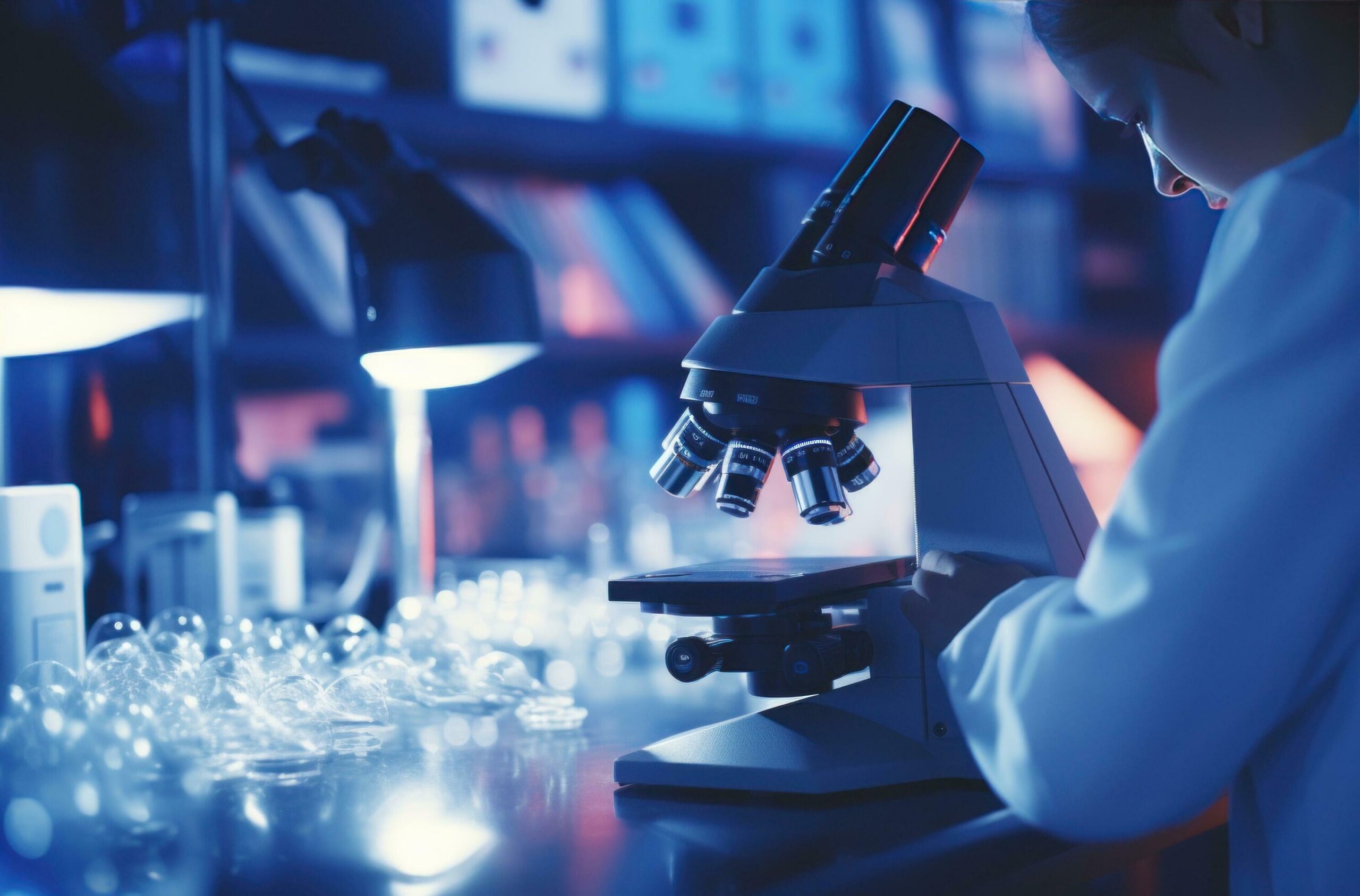 
									female doctor working at chemistry laboratory in a microscope Free Photo