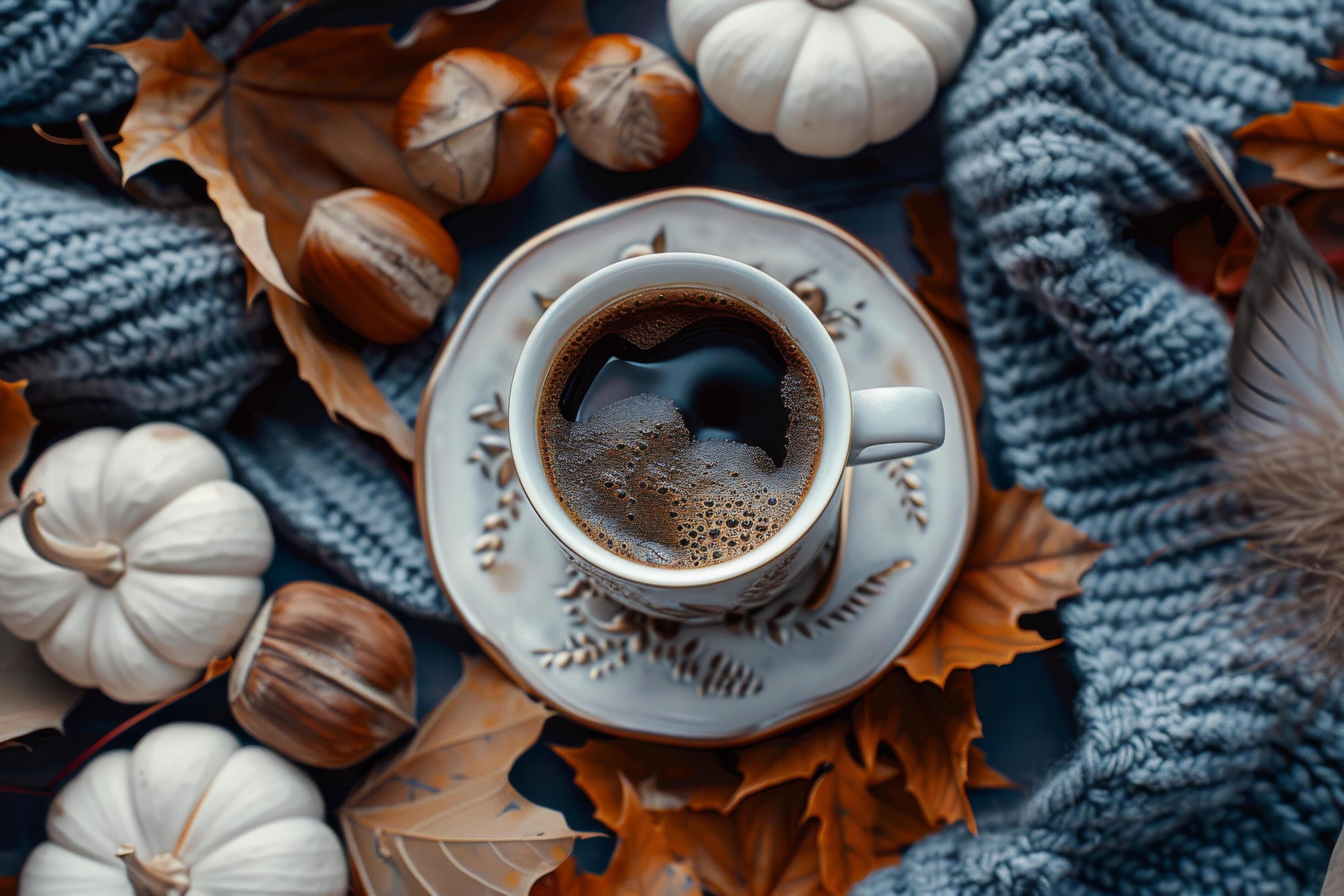 A Cozy Fall Morning With Coffee, Pumpkins, and Leaves Stock Free