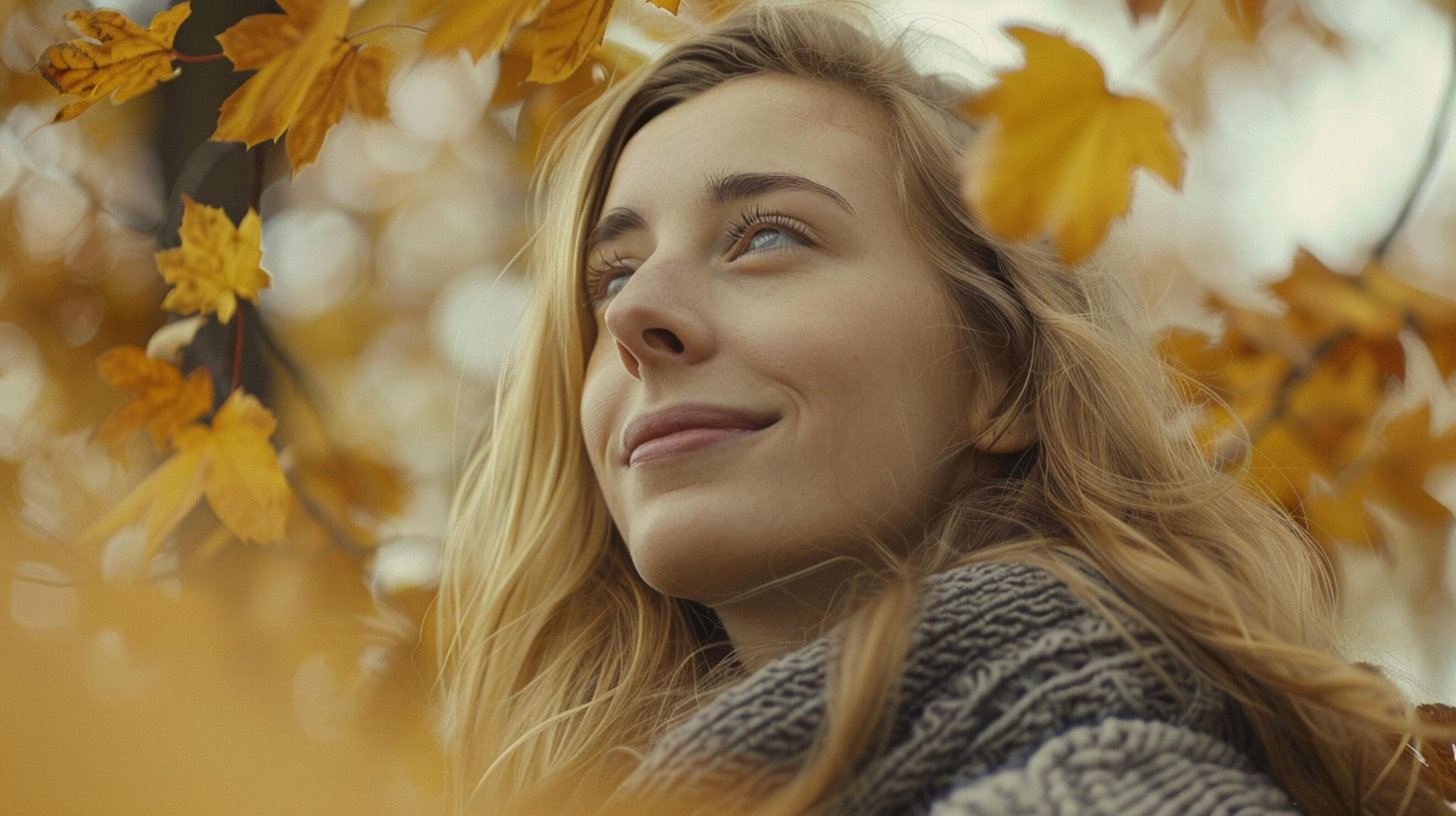 young woman with long blond hair enjoying autumn Stock Free