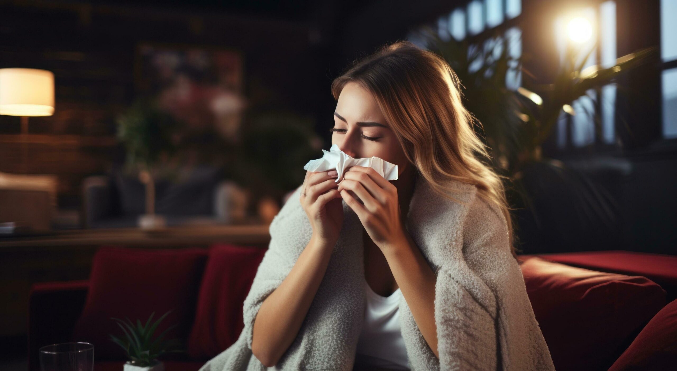 
									female young woman sneezing with white allergy nasal tissue on a couch Free Photo