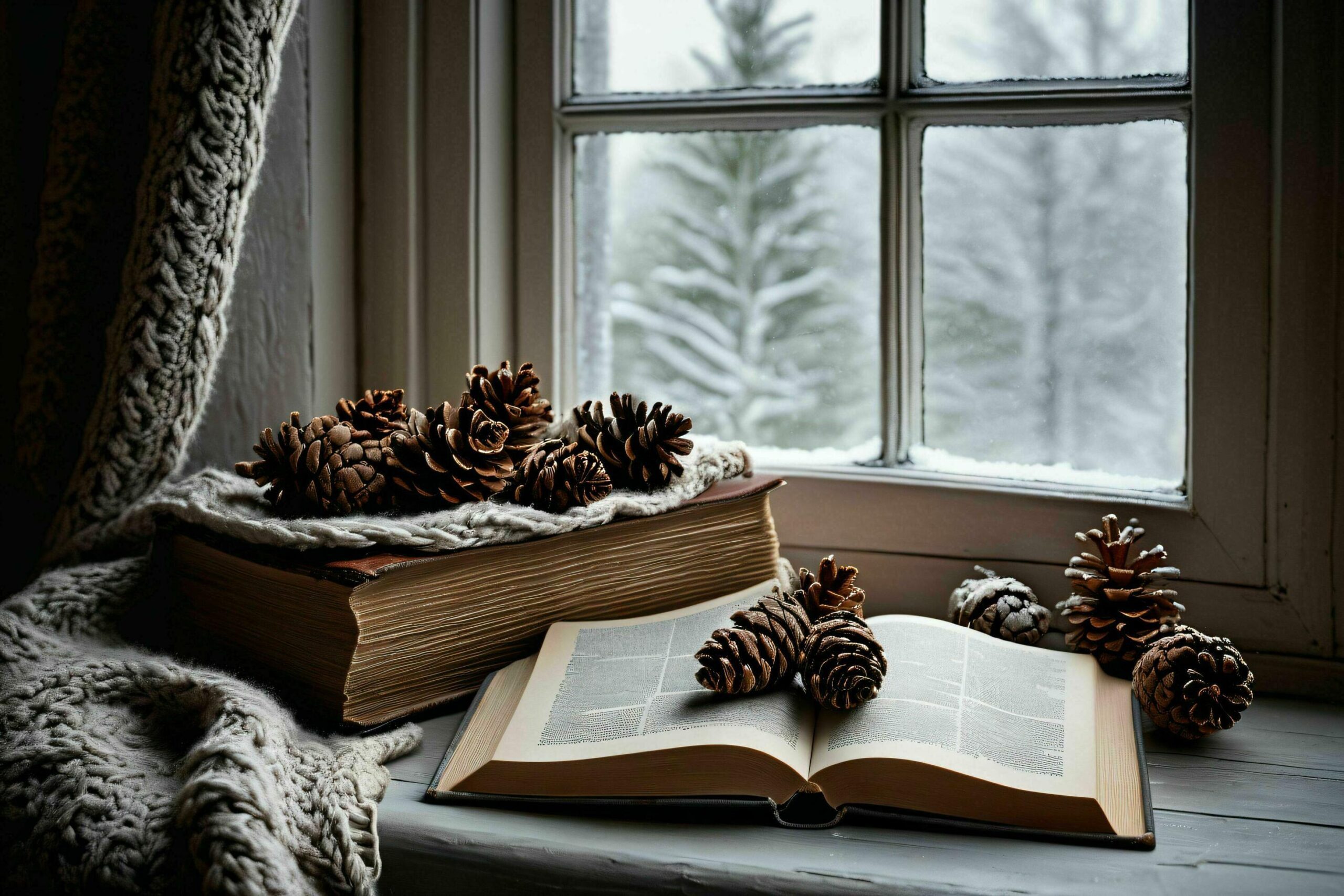 Winter Window Sill with Book and Pine cones Free Photo