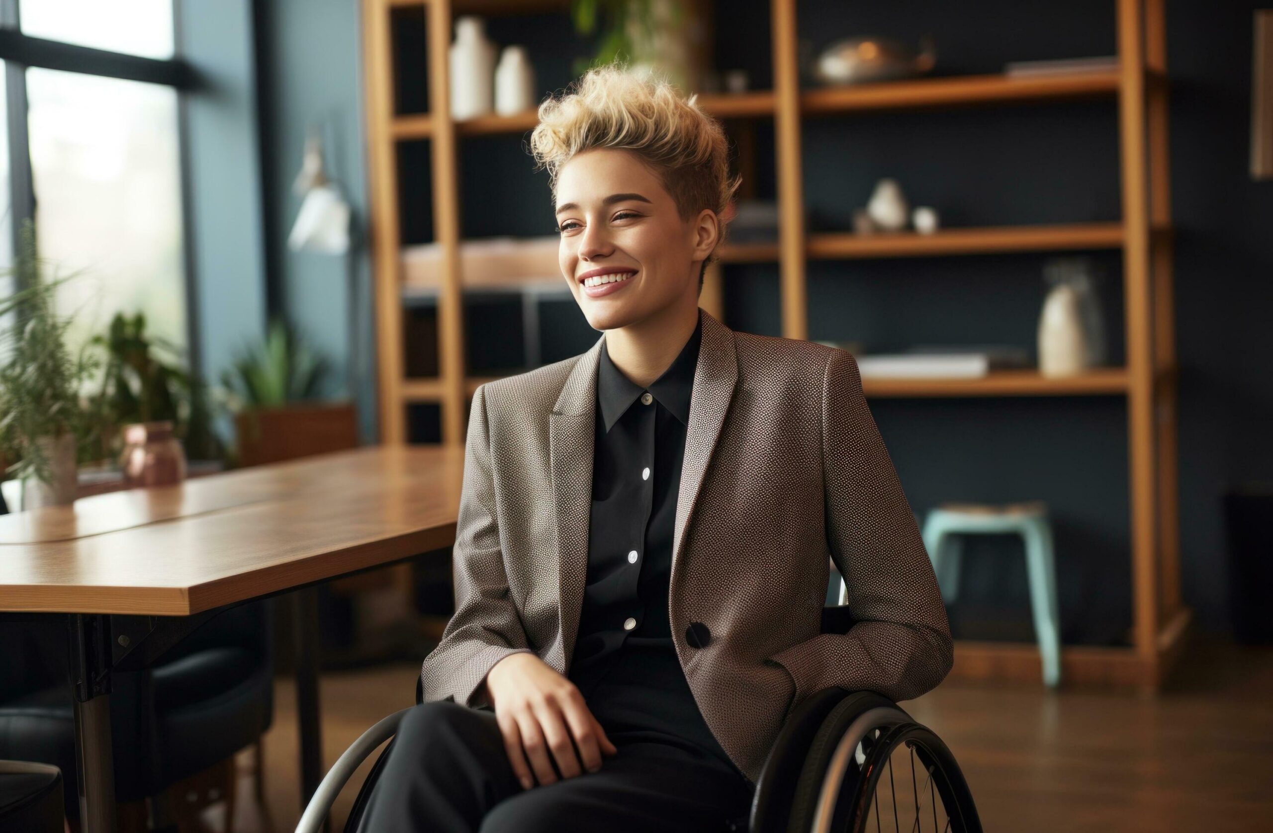 aspiring business woman in wheelchair smiling in an office Free Photo