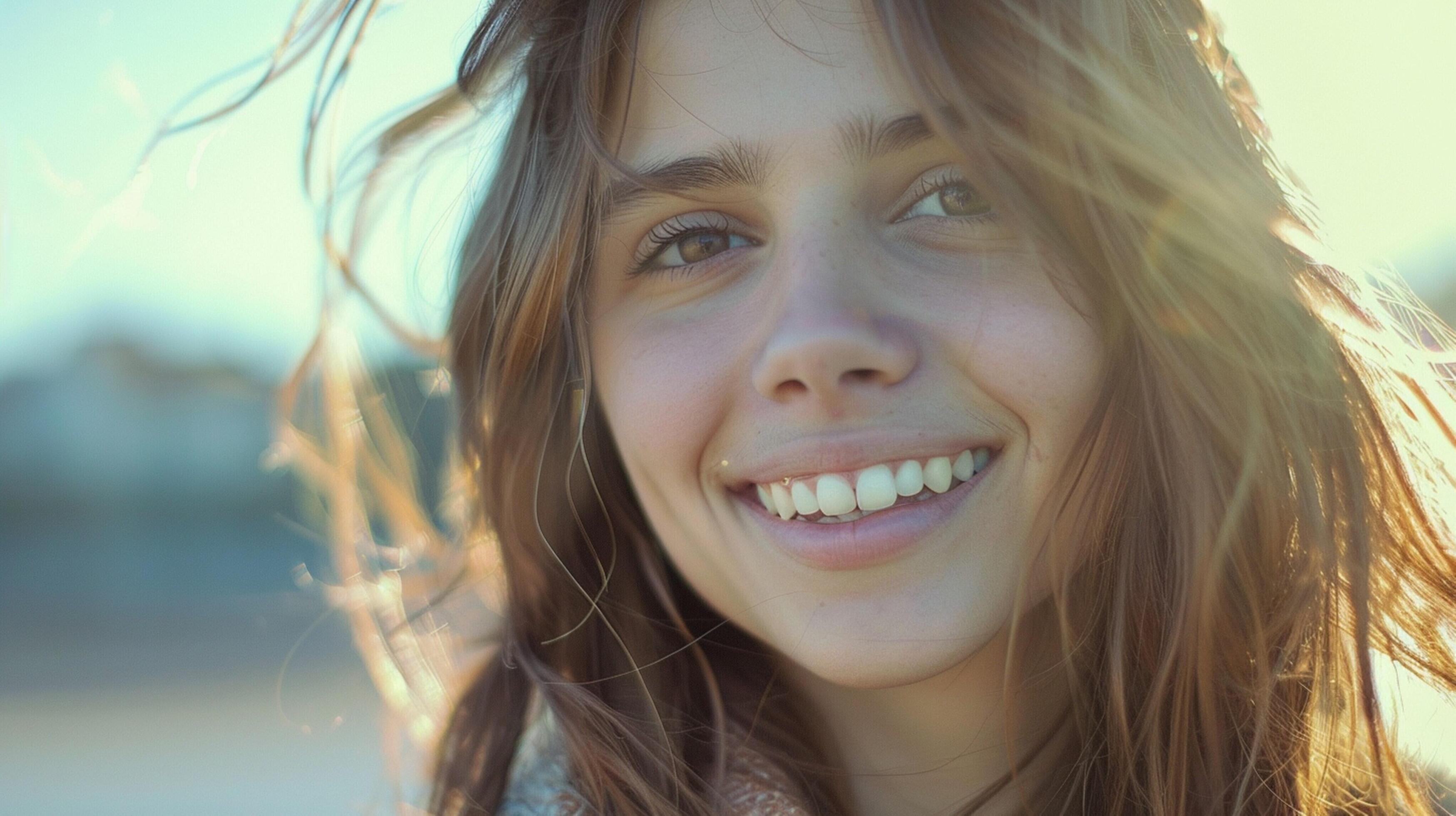 young woman with long brown hair smiling Stock Free