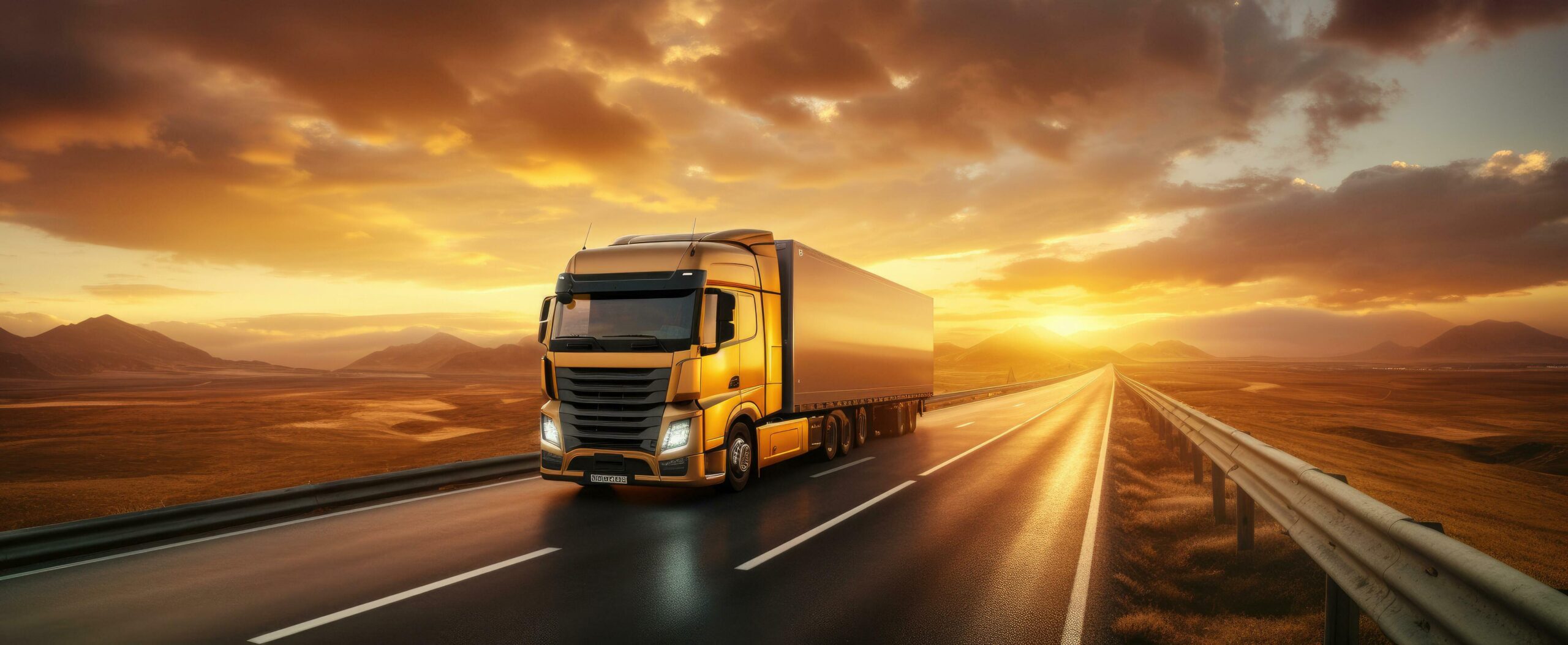 a semi truck driving down a highway at sunset Free Photo