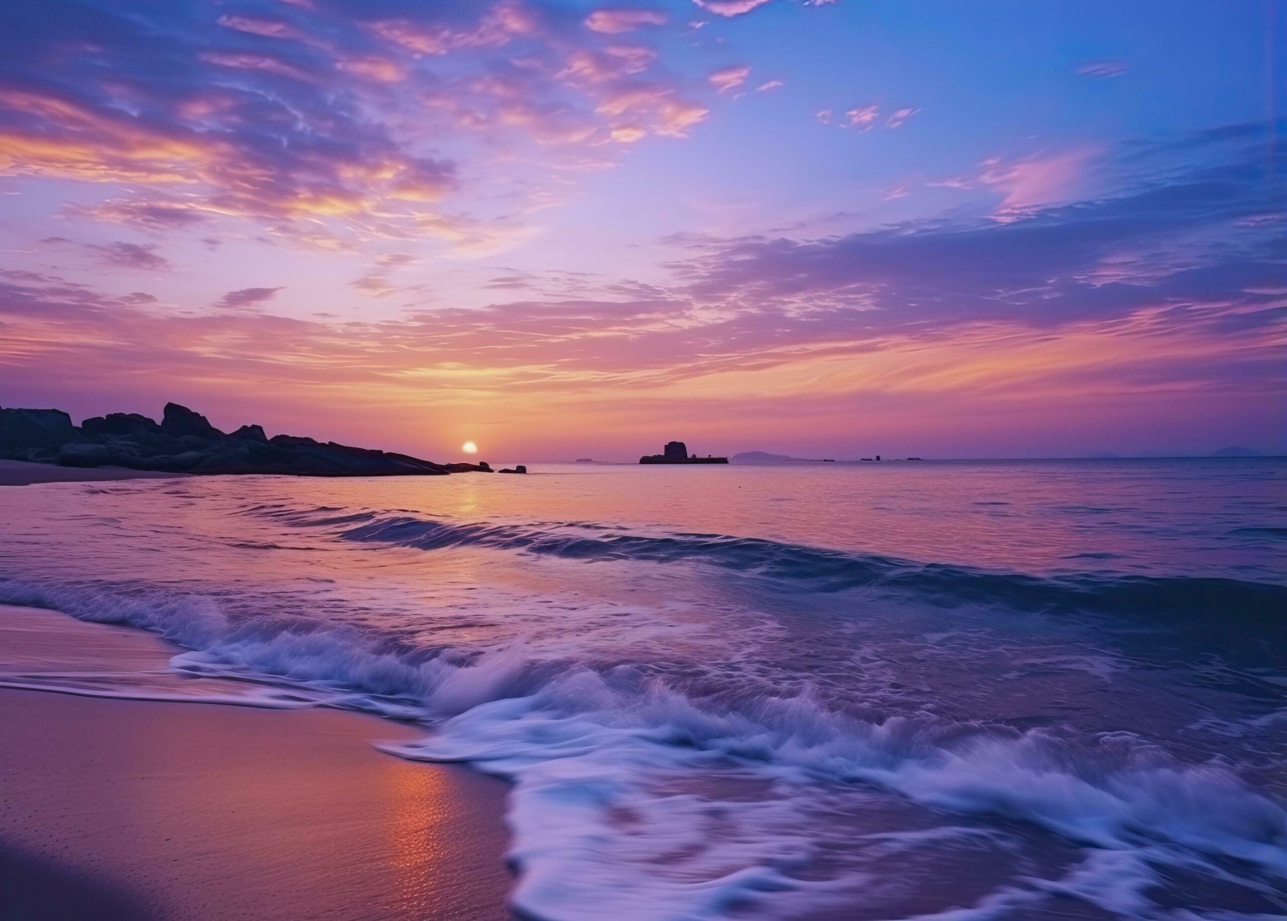 Summer beach with blue water and purple sky at the sunset. AI Generated. Free Photo