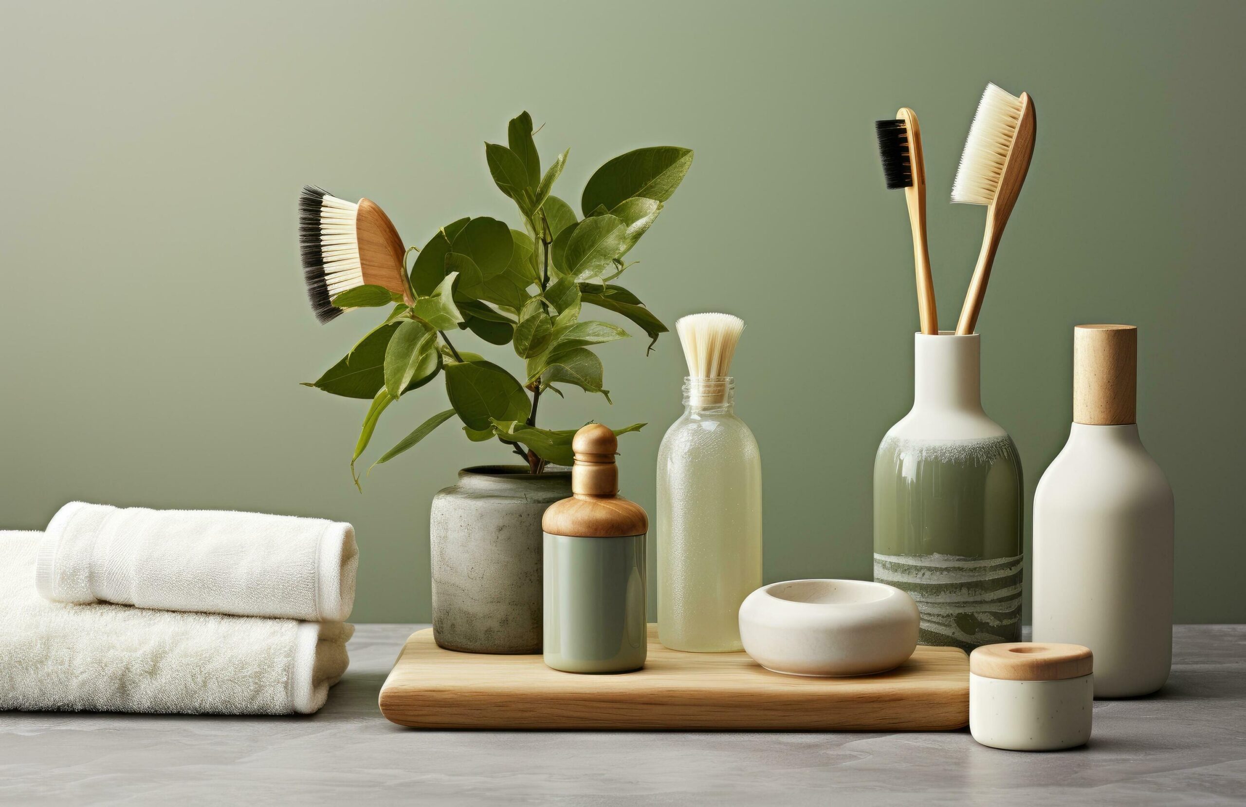 a bottle of green cleanser and brushes on a green tile background Free Photo