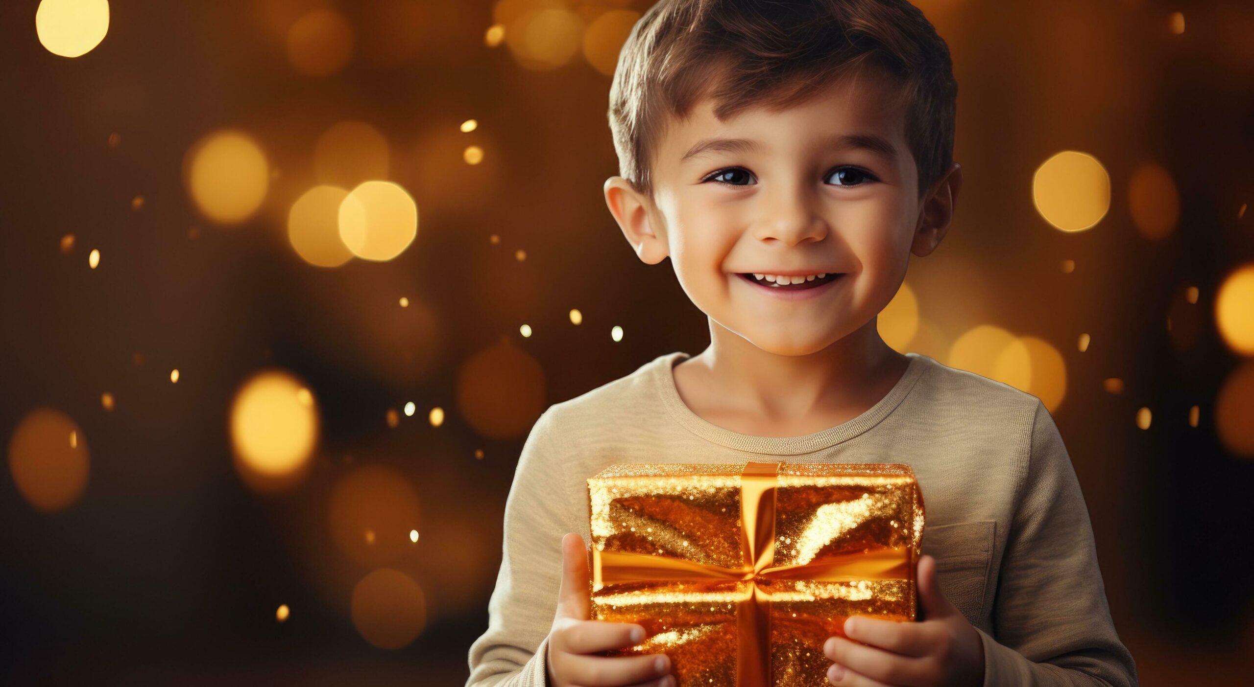 a little smiling kid holds a gift box in his hand, Free Photo