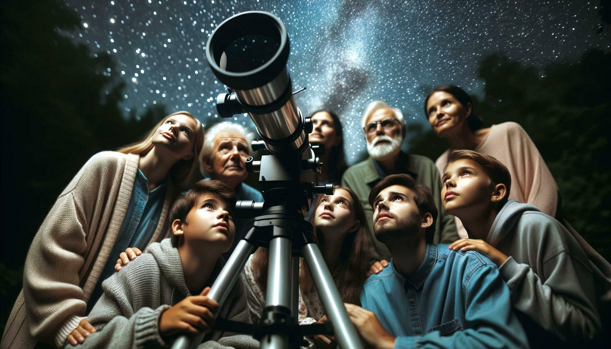 Group of friends looking at the night sky using a telescope. Generative AI Free Photo