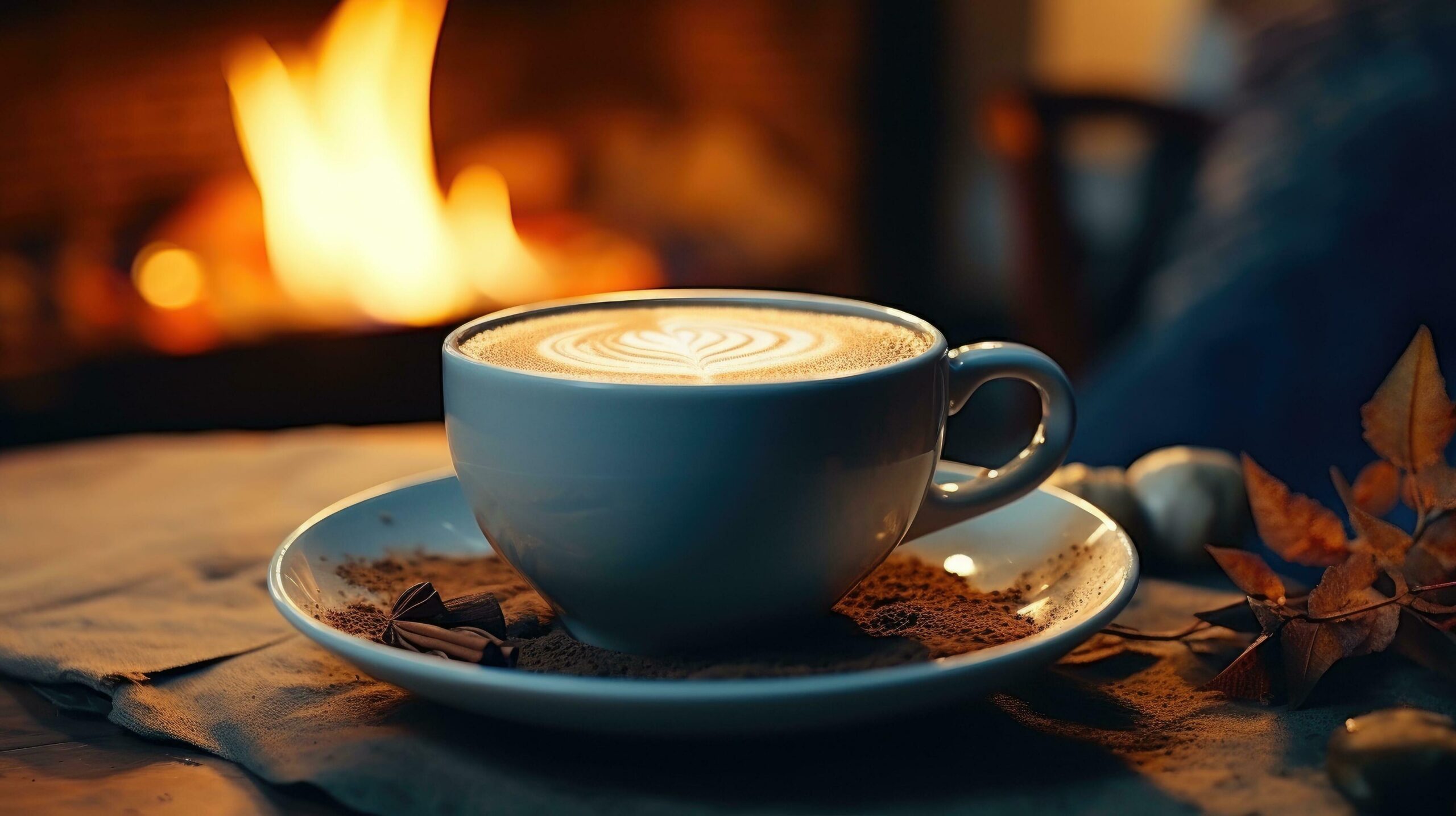 a cup of coffee by a fire Free Photo