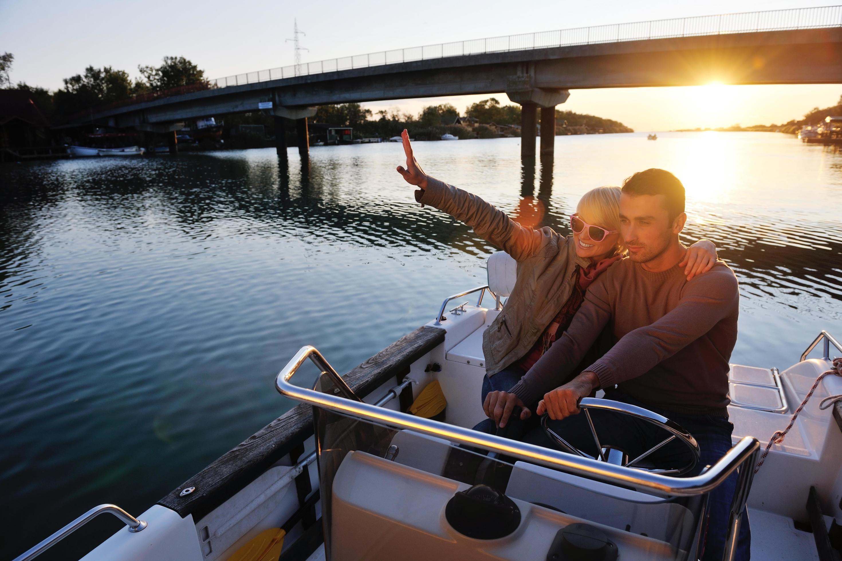 couple in love have romantic time on boat Stock Free