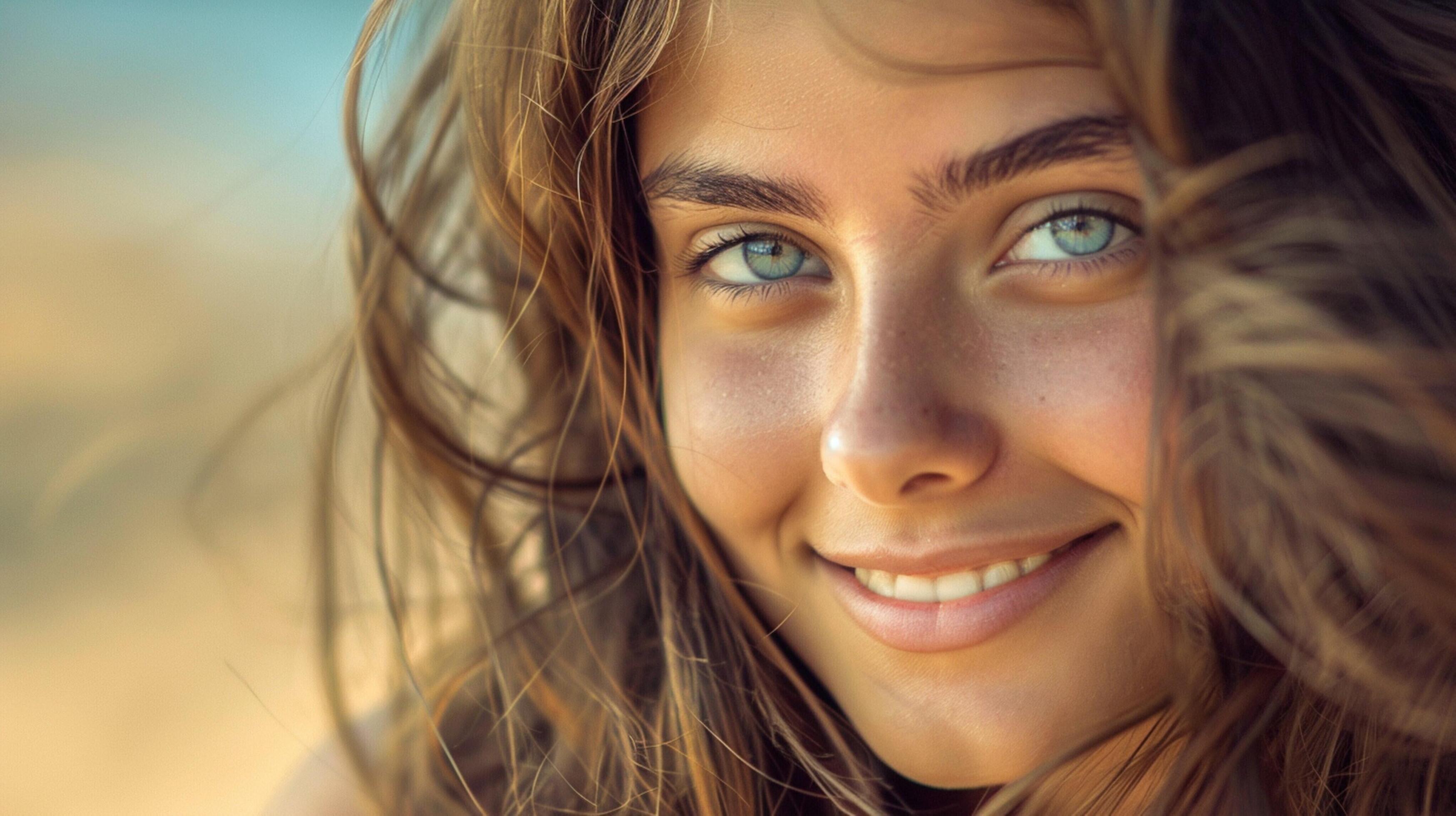 young woman with long brown hair smiling Stock Free