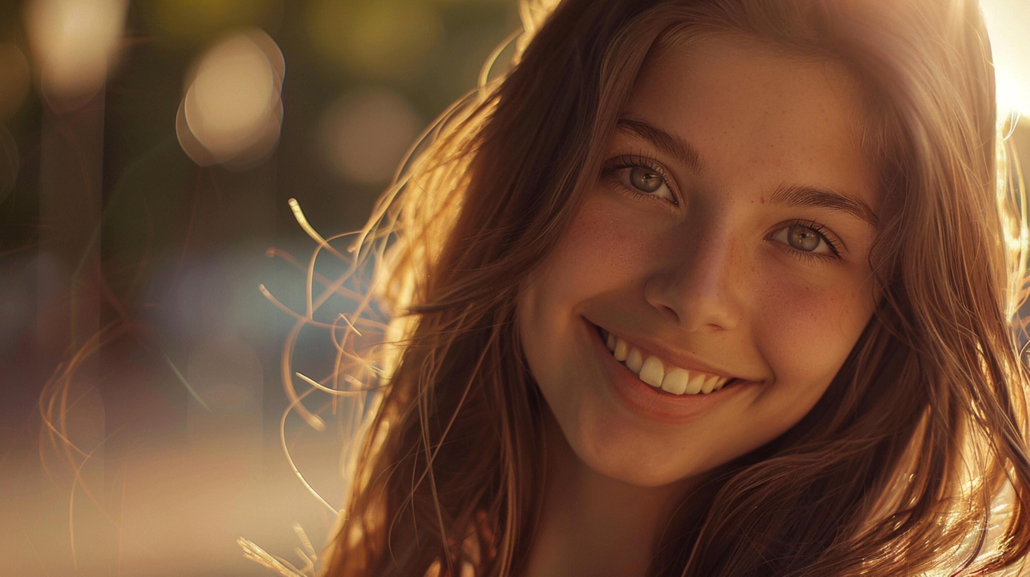 young woman with long brown hair smiling Stock Free